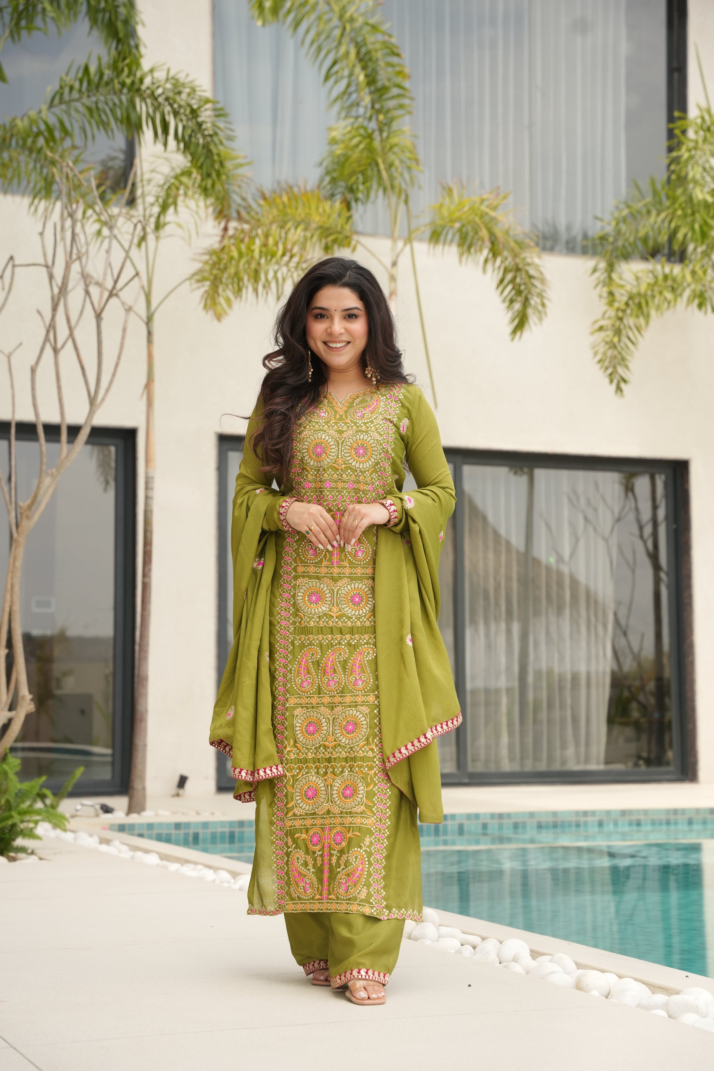 Varsha parrot green Chinnon kurti set with zari multi thread embroidery work