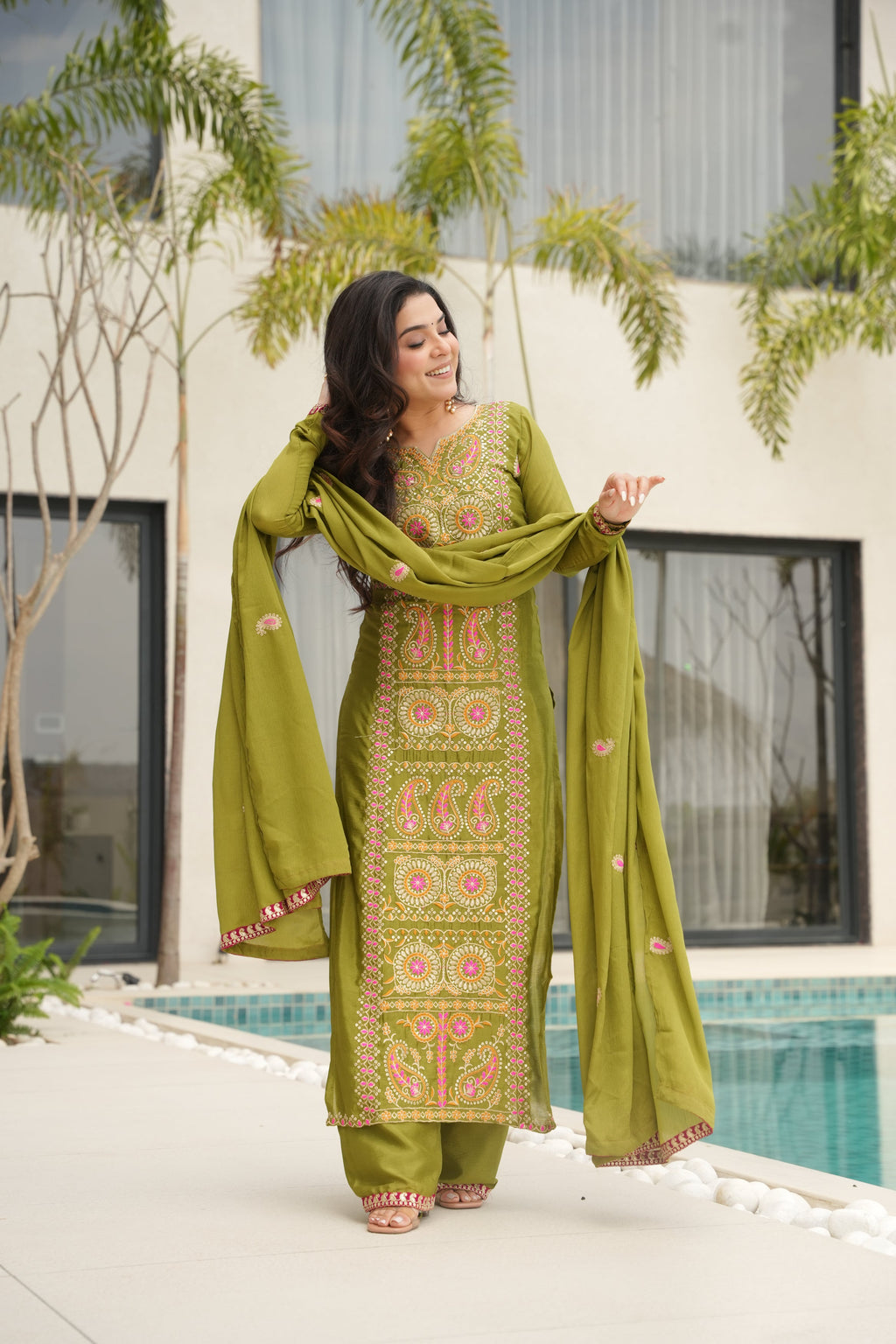 Varsha parrot green Chinnon kurti set with zari multi thread embroidery work