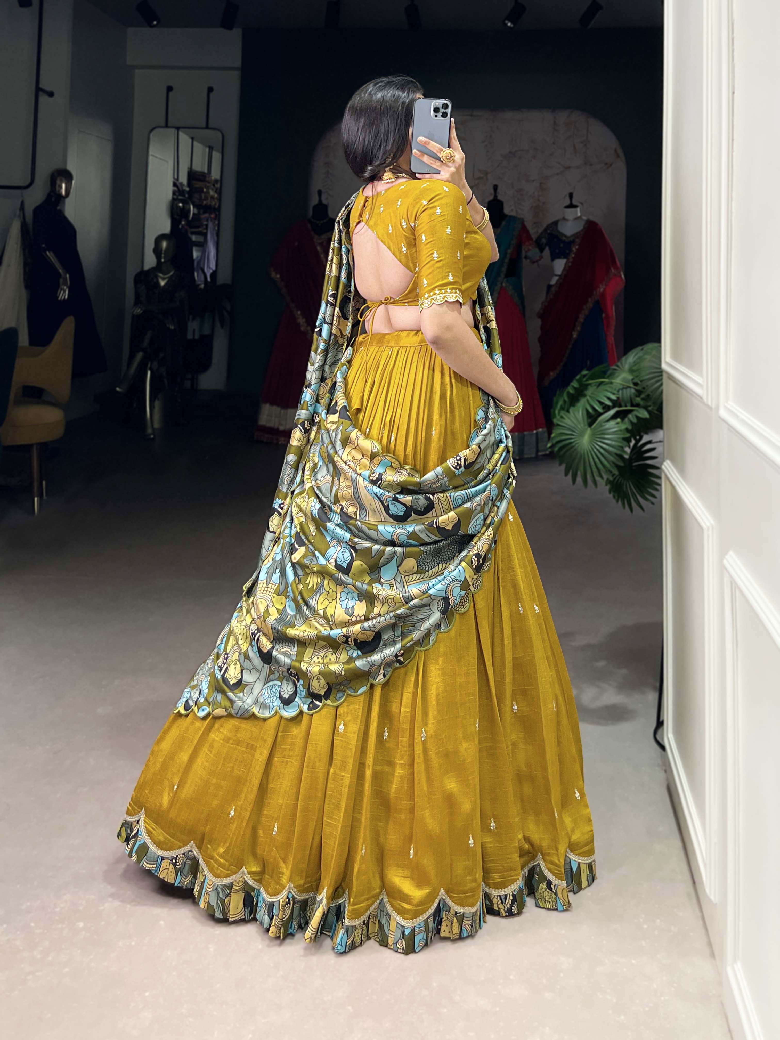 Vasa mustard yellow Vichitra silk half saree lehenga with sequins thread embroidery