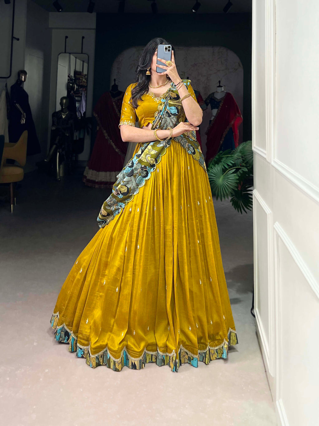 Vasa mustard yellow Vichitra silk half saree lehenga with sequins thread embroidery