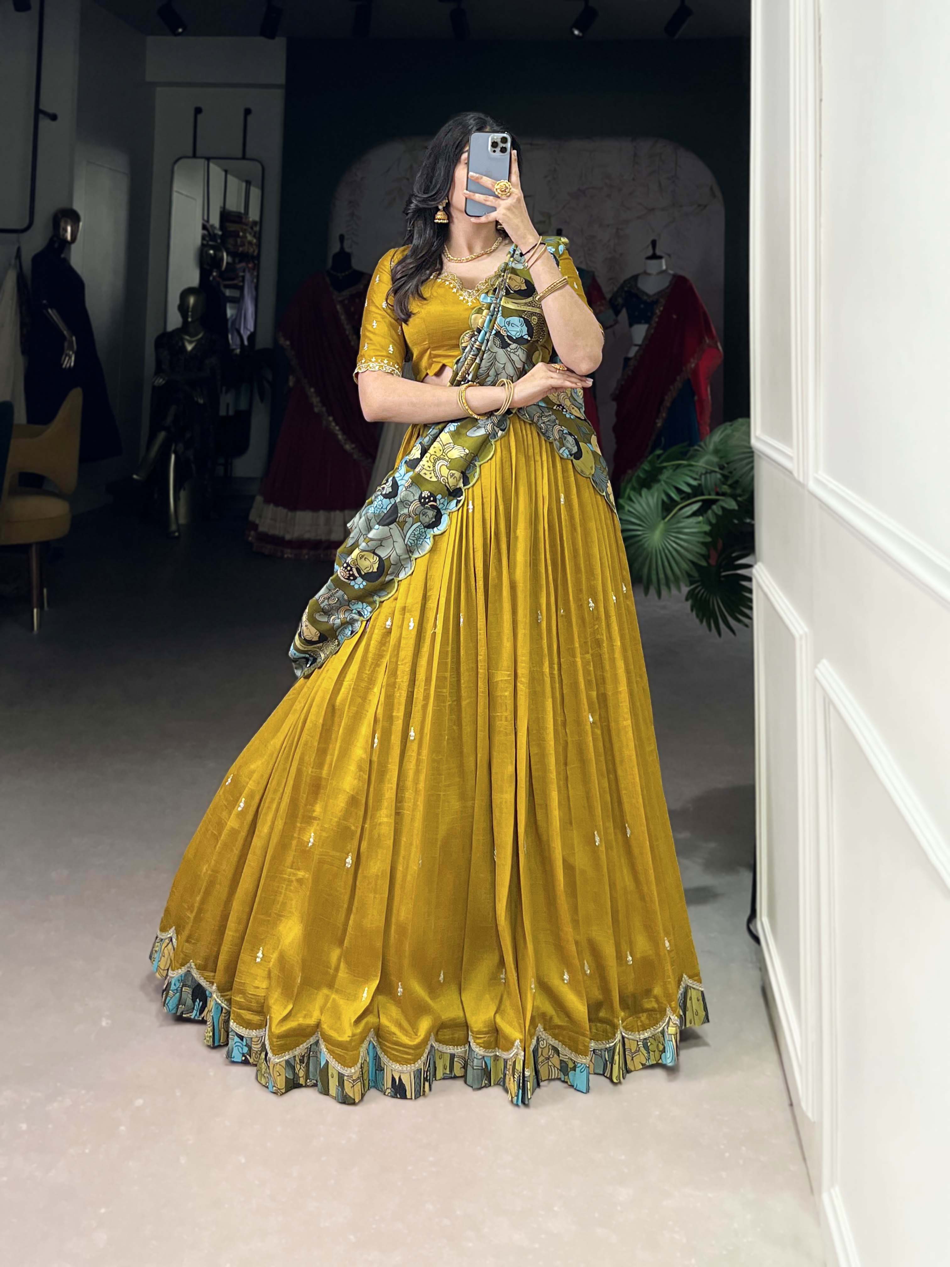 Vasa mustard yellow Vichitra silk half saree lehenga with sequins thread embroidery