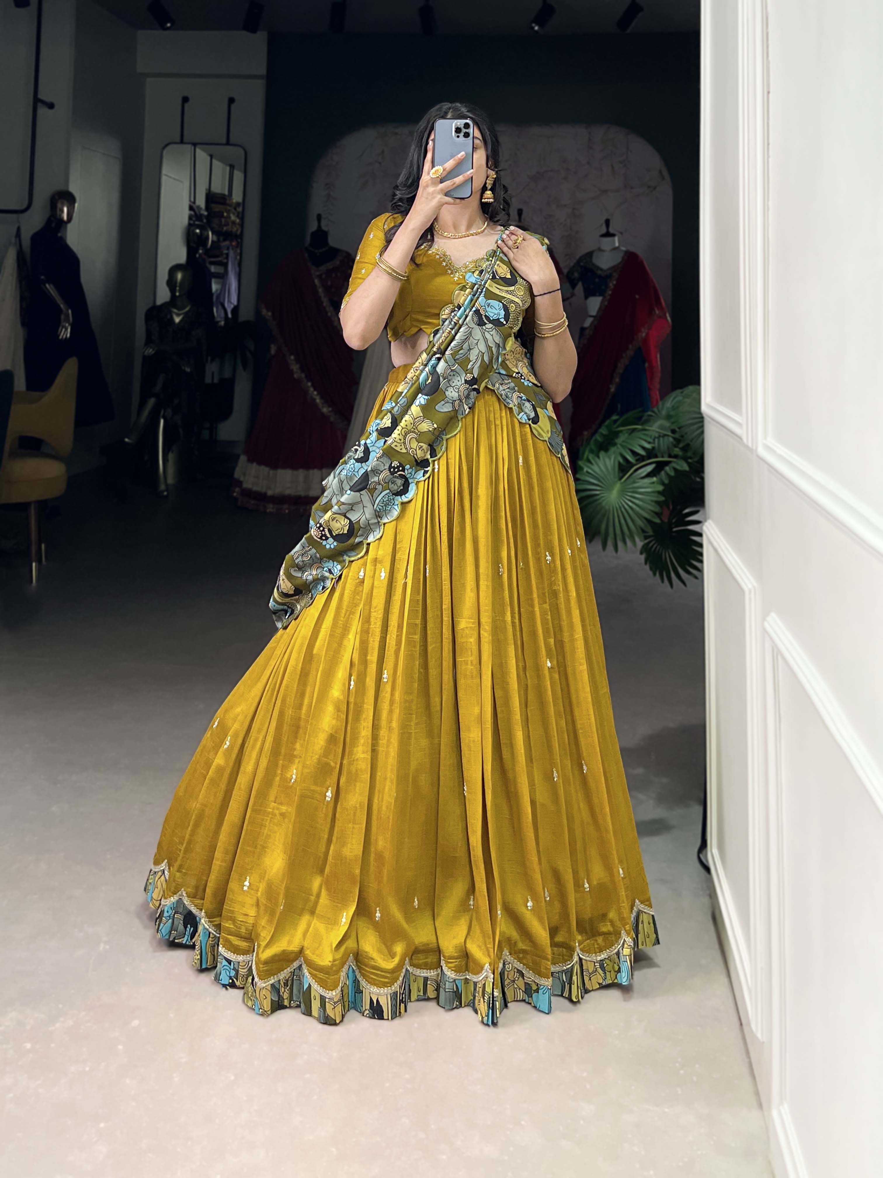 Vasa mustard yellow Vichitra silk half saree lehenga with sequins thread embroidery