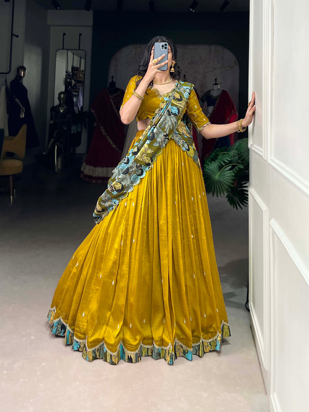 Vasa mustard yellow Vichitra silk half saree lehenga with sequins thread embroidery