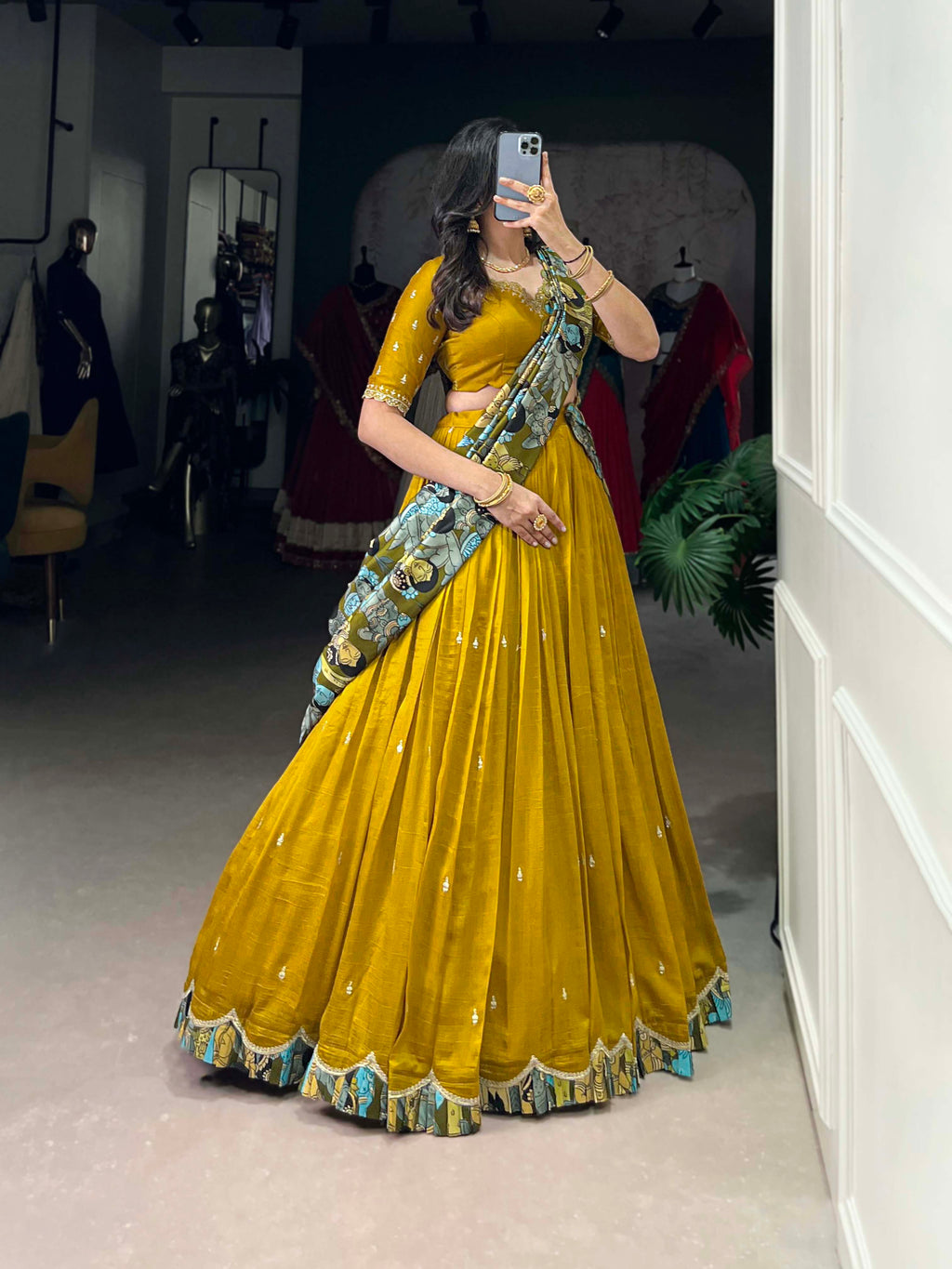 Vasa mustard yellow Vichitra silk half saree lehenga with sequins thread embroidery