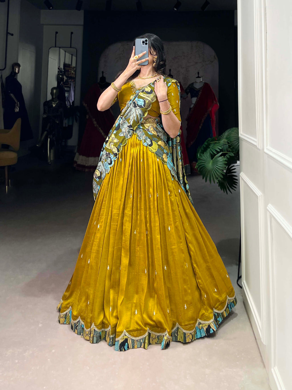 Vasa mustard yellow Vichitra silk half saree lehenga with sequins thread embroidery