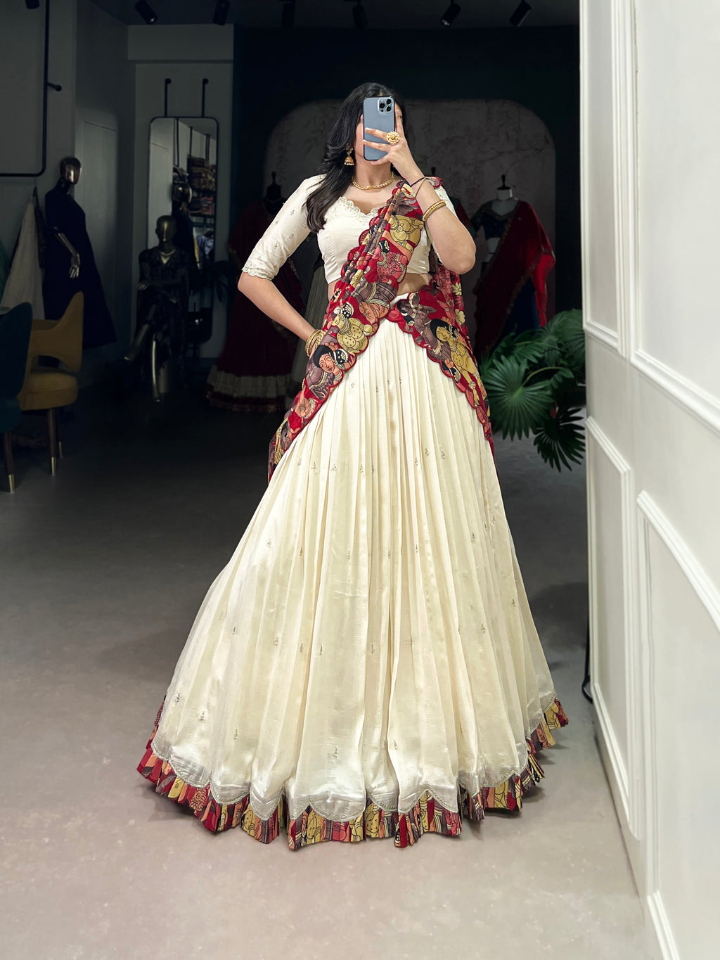 Vasa off-white Vichitra silk half saree lehenga with sequins thread embroidery