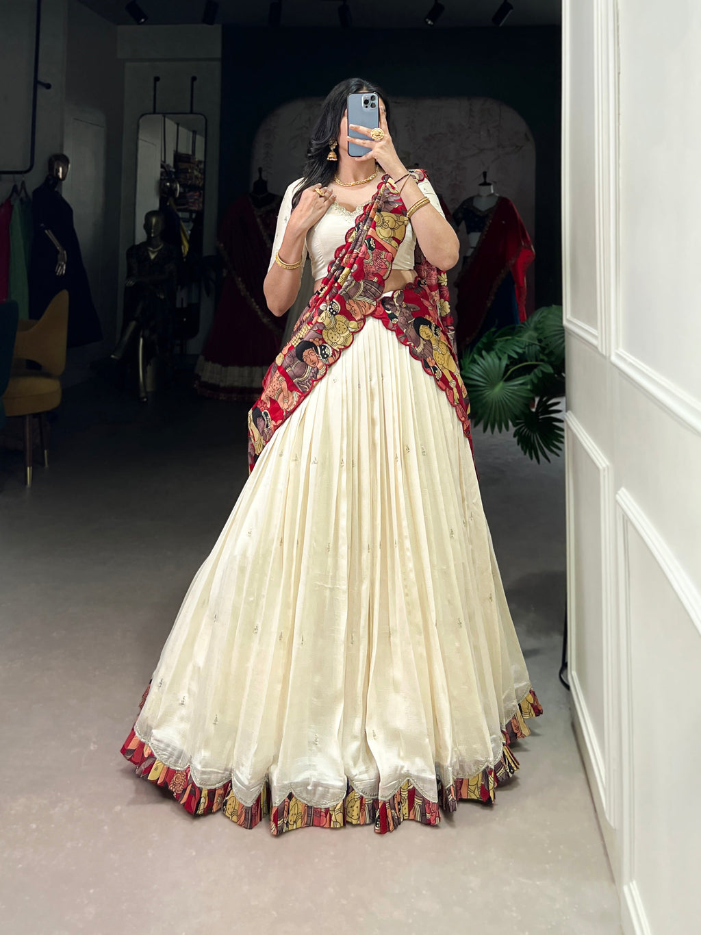 Vasa off-white Vichitra silk half saree lehenga with sequins thread embroidery