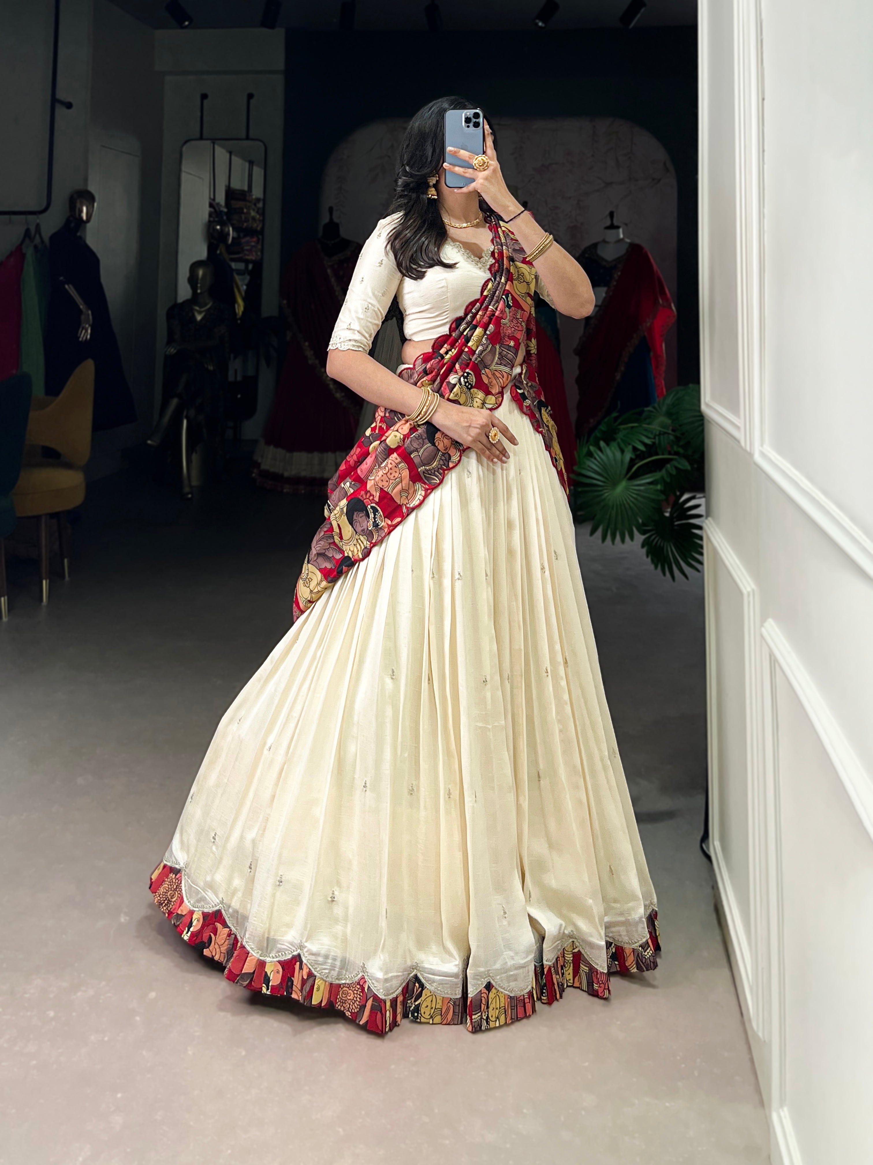 Vasa off-white Vichitra silk half saree lehenga with sequins thread embroidery