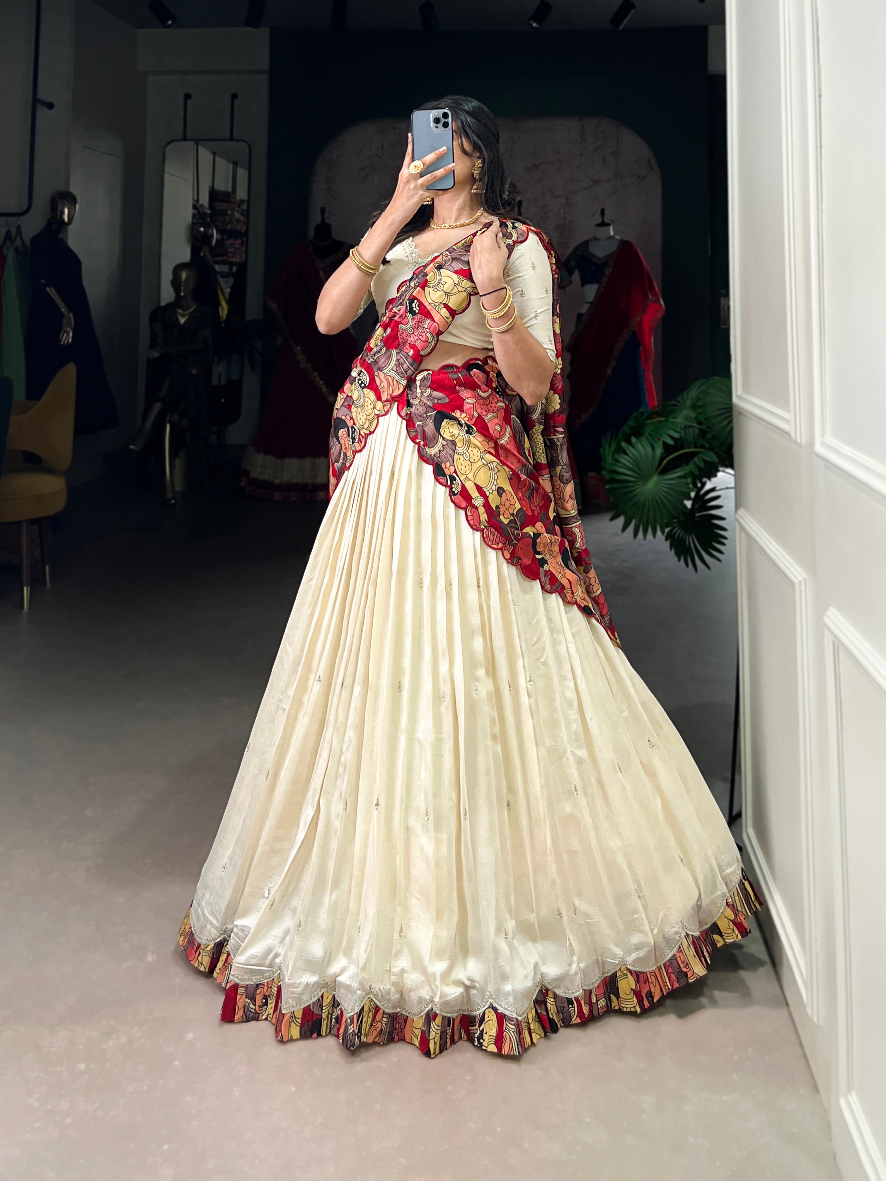 Vasa off-white Vichitra silk half saree lehenga with sequins thread embroidery