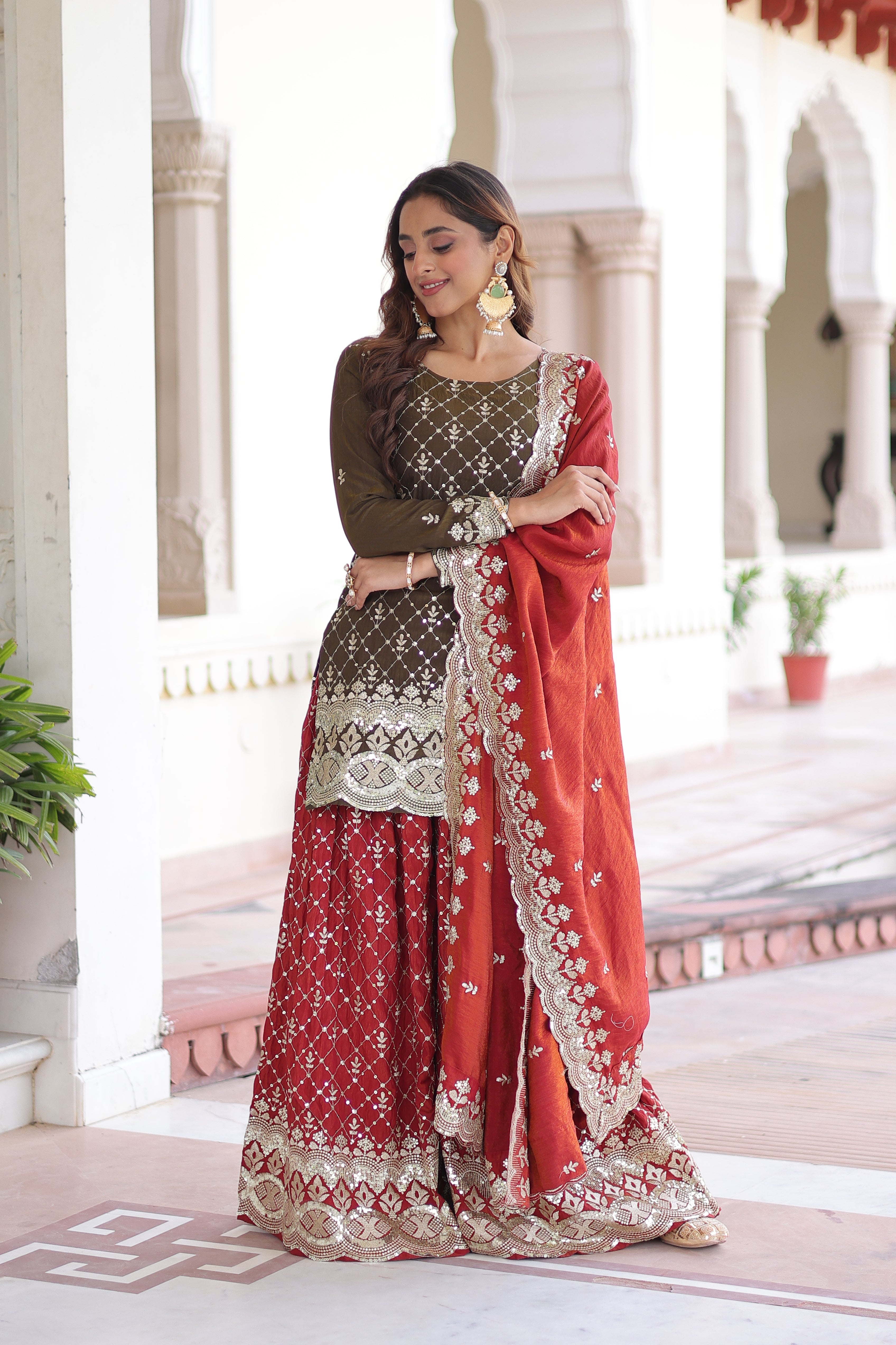 Vireka olive green Vichitra silk kurti sharara set with sequins embroidery