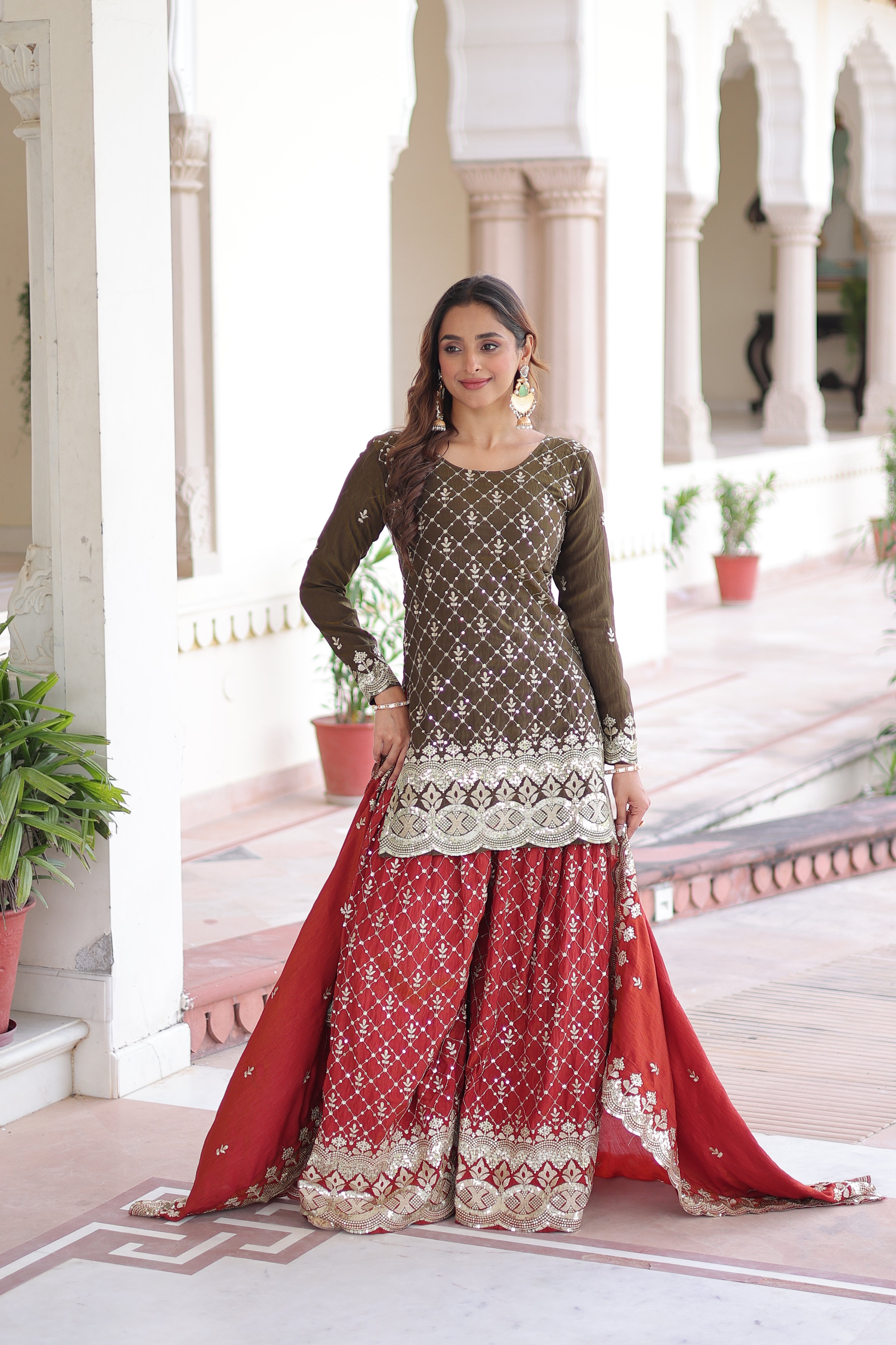 Vireka olive green Vichitra silk kurti sharara set with sequins embroidery