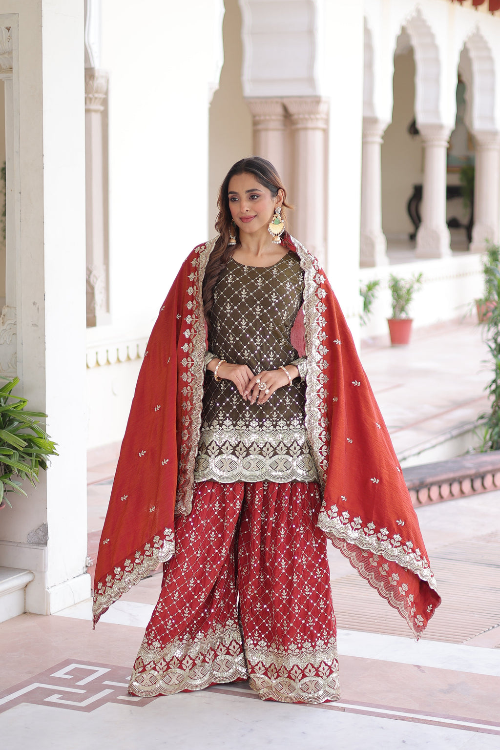 Vireka olive green Vichitra silk kurti sharara set with sequins embroidery