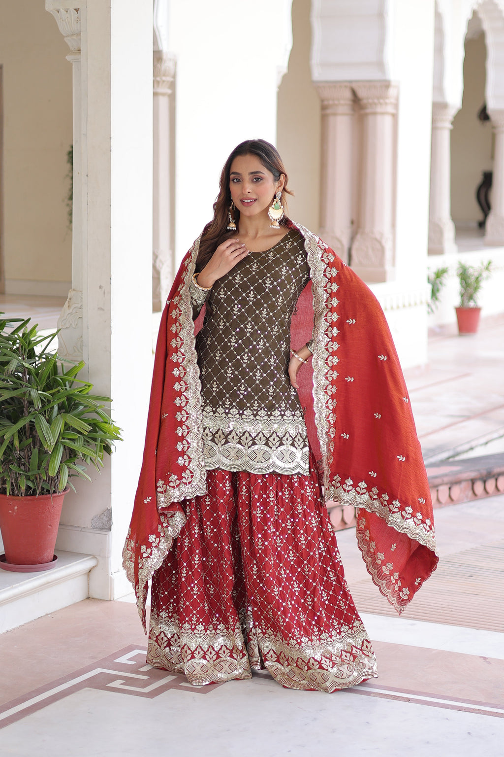 Vireka olive green Vichitra silk kurti sharara set with sequins embroidery