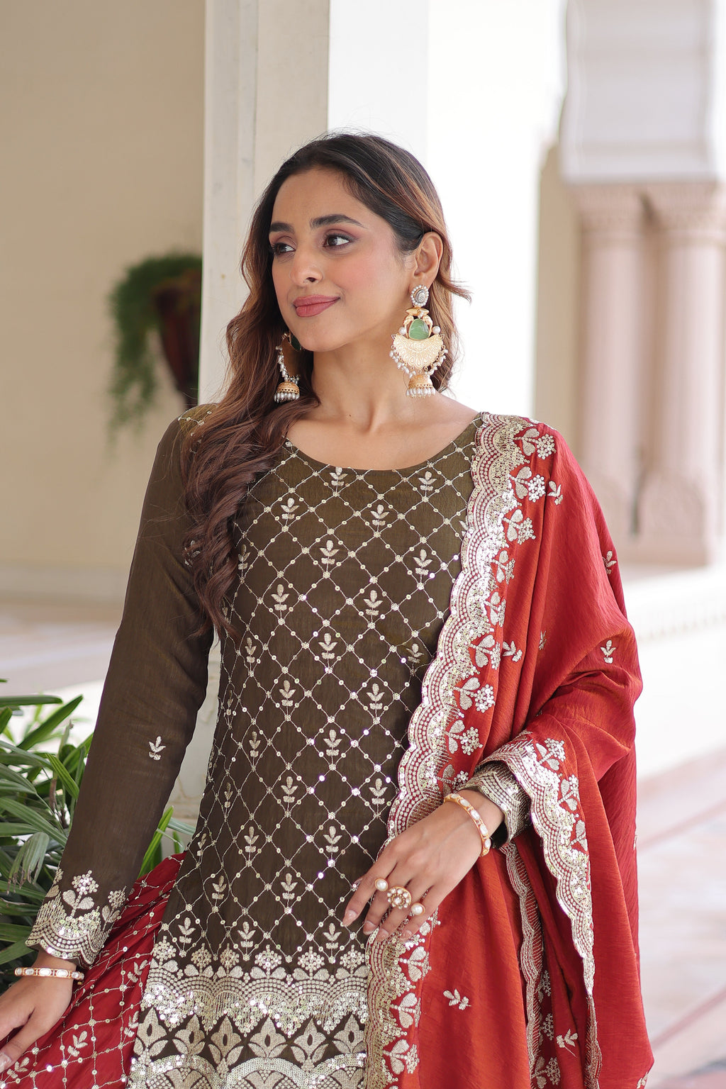 Vireka olive green Vichitra silk kurti sharara set with sequins embroidery