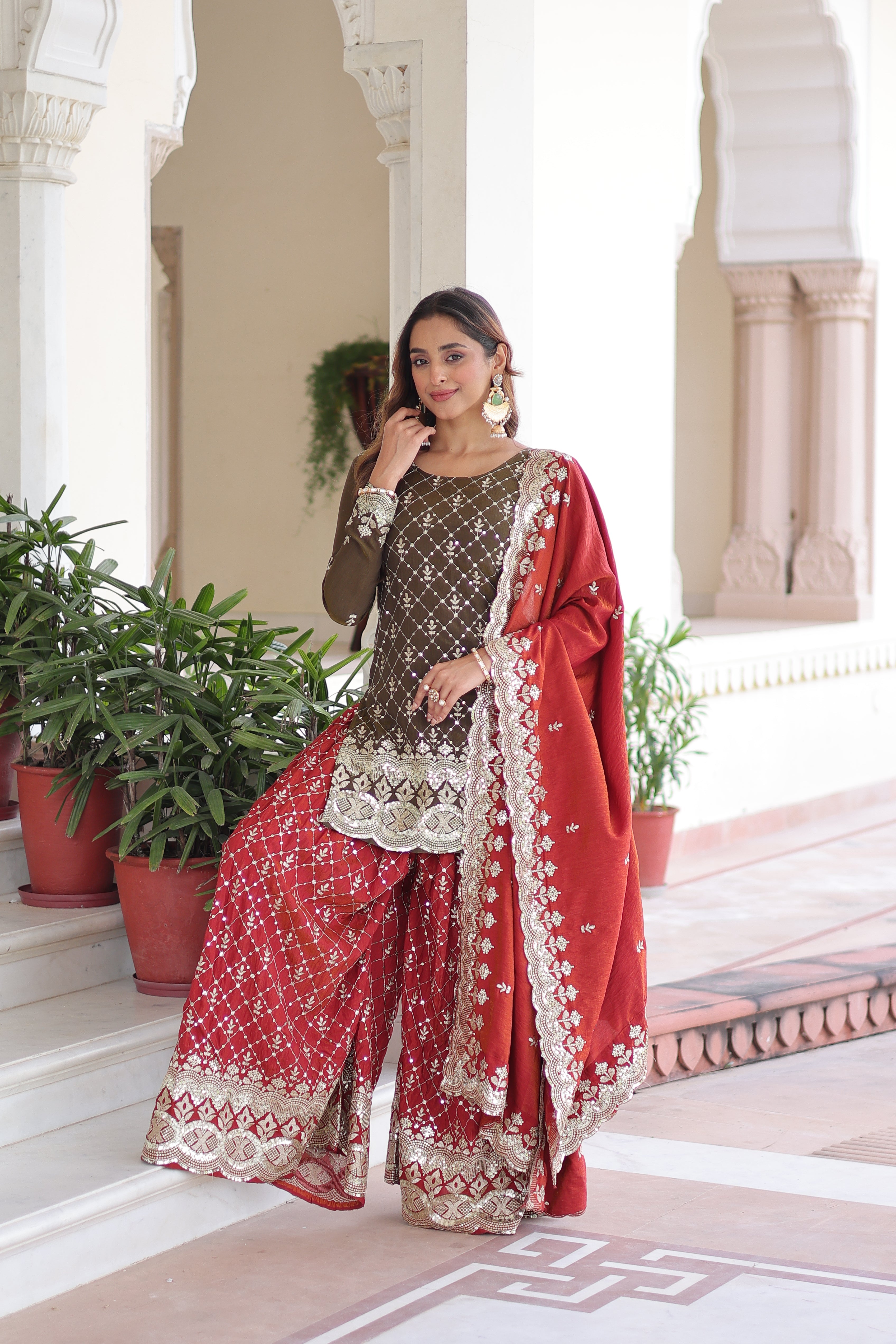 Vireka olive green Vichitra silk kurti sharara set with sequins embroidery