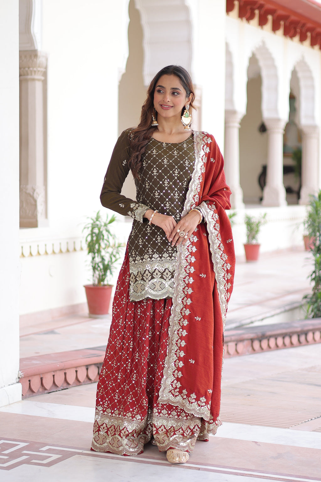 Vireka olive green Vichitra silk kurti sharara set with sequins embroidery