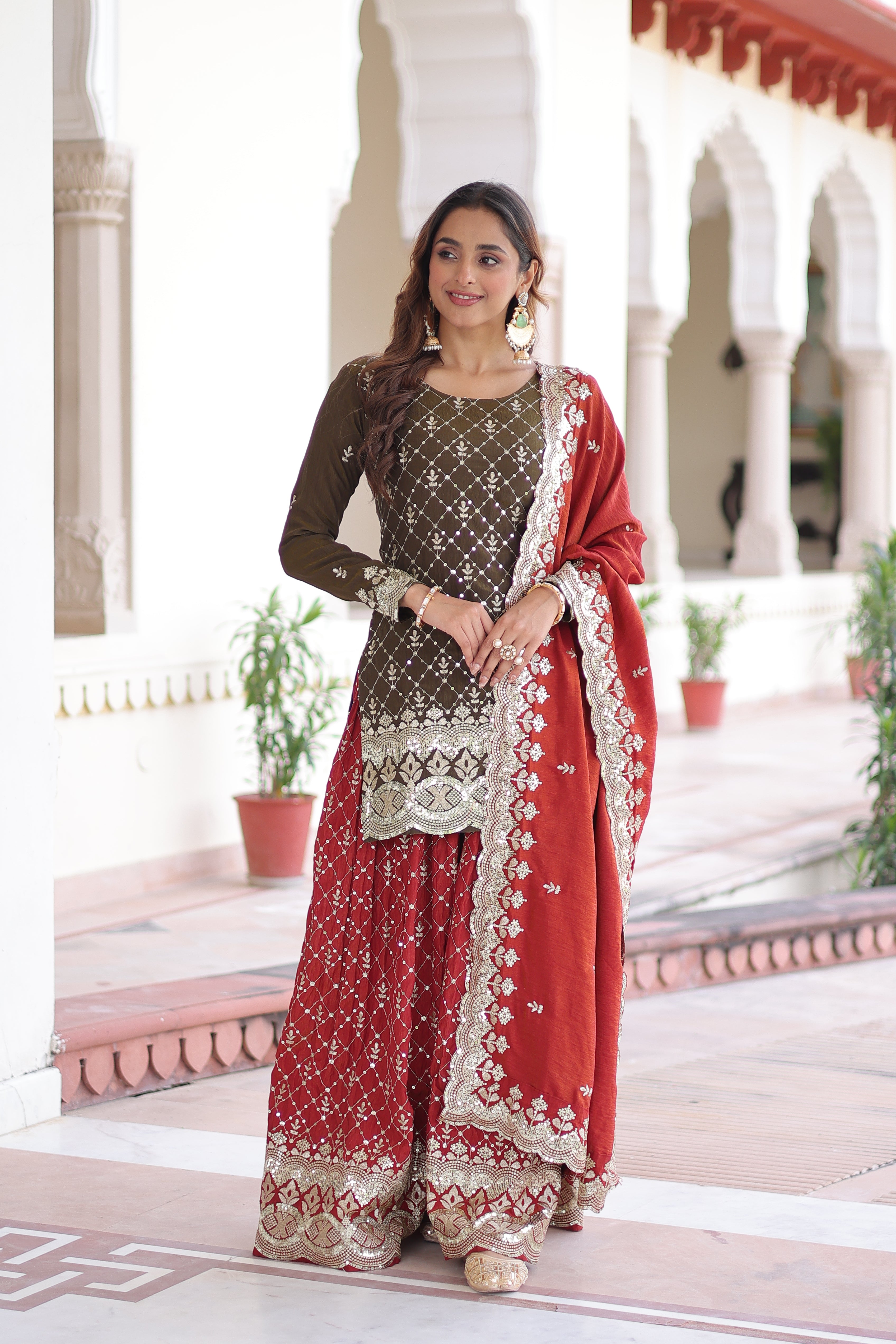 Vireka olive green Vichitra silk kurti sharara set with sequins embroidery