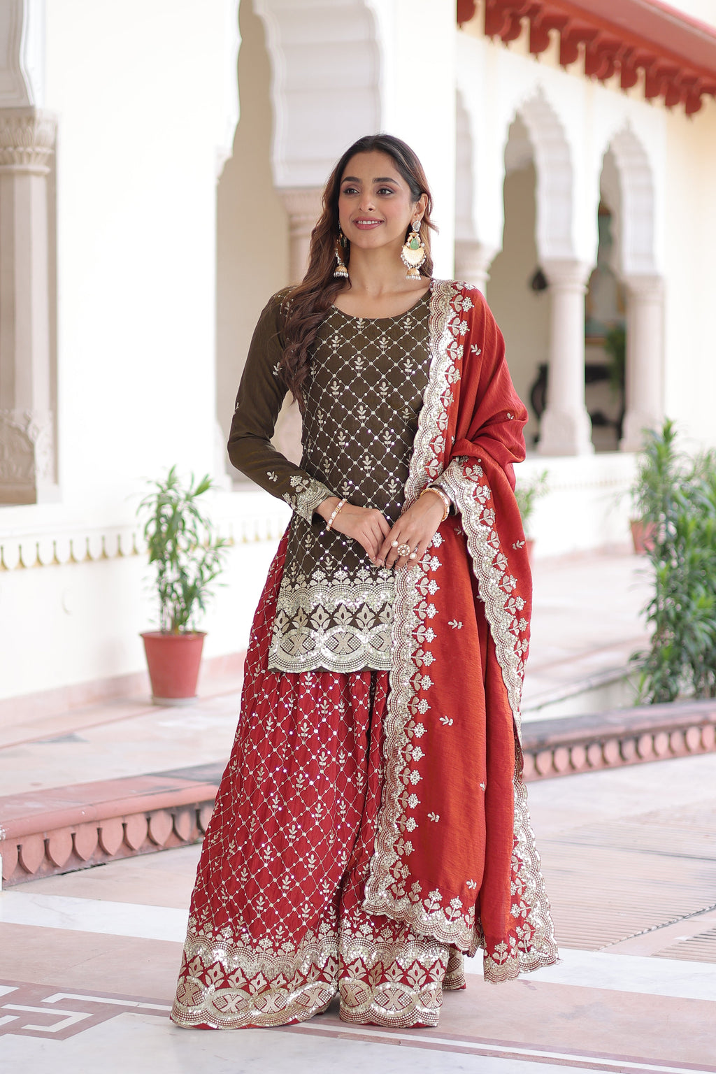 Vireka olive green Vichitra silk kurti sharara set with sequins embroidery