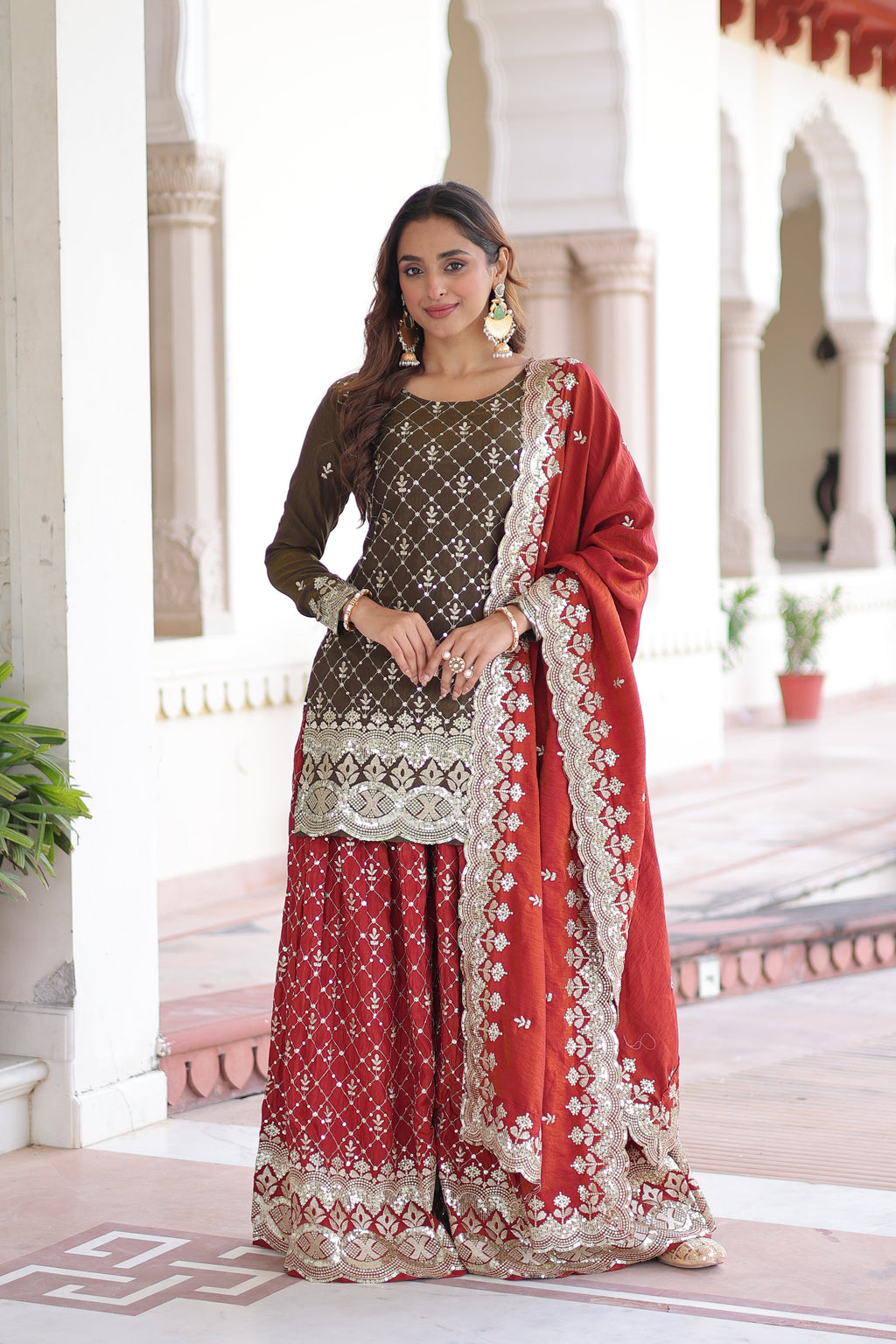 Vireka olive green Vichitra silk kurti sharara set with sequins embroidery
