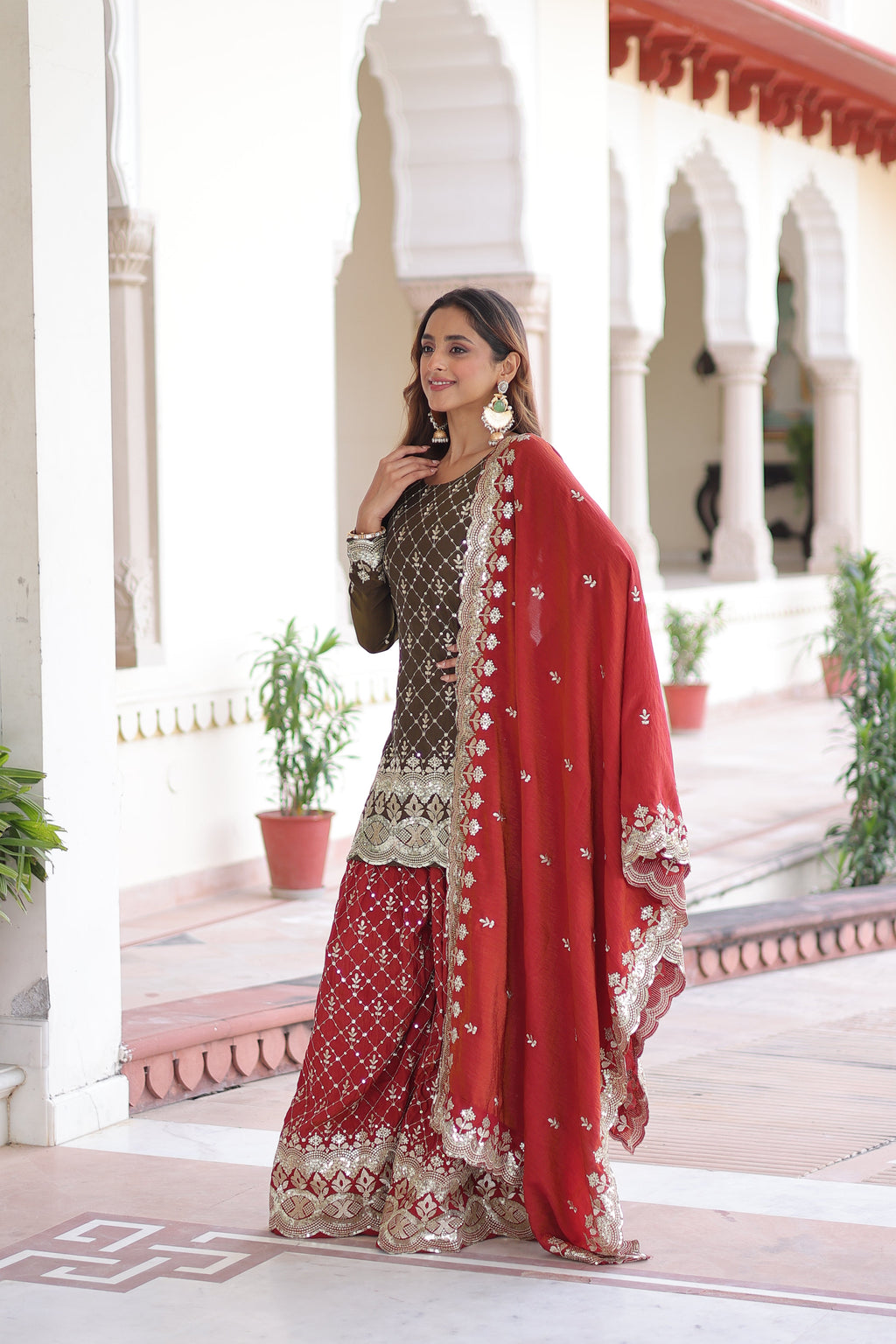 Vireka olive green Vichitra silk kurti sharara set with sequins embroidery
