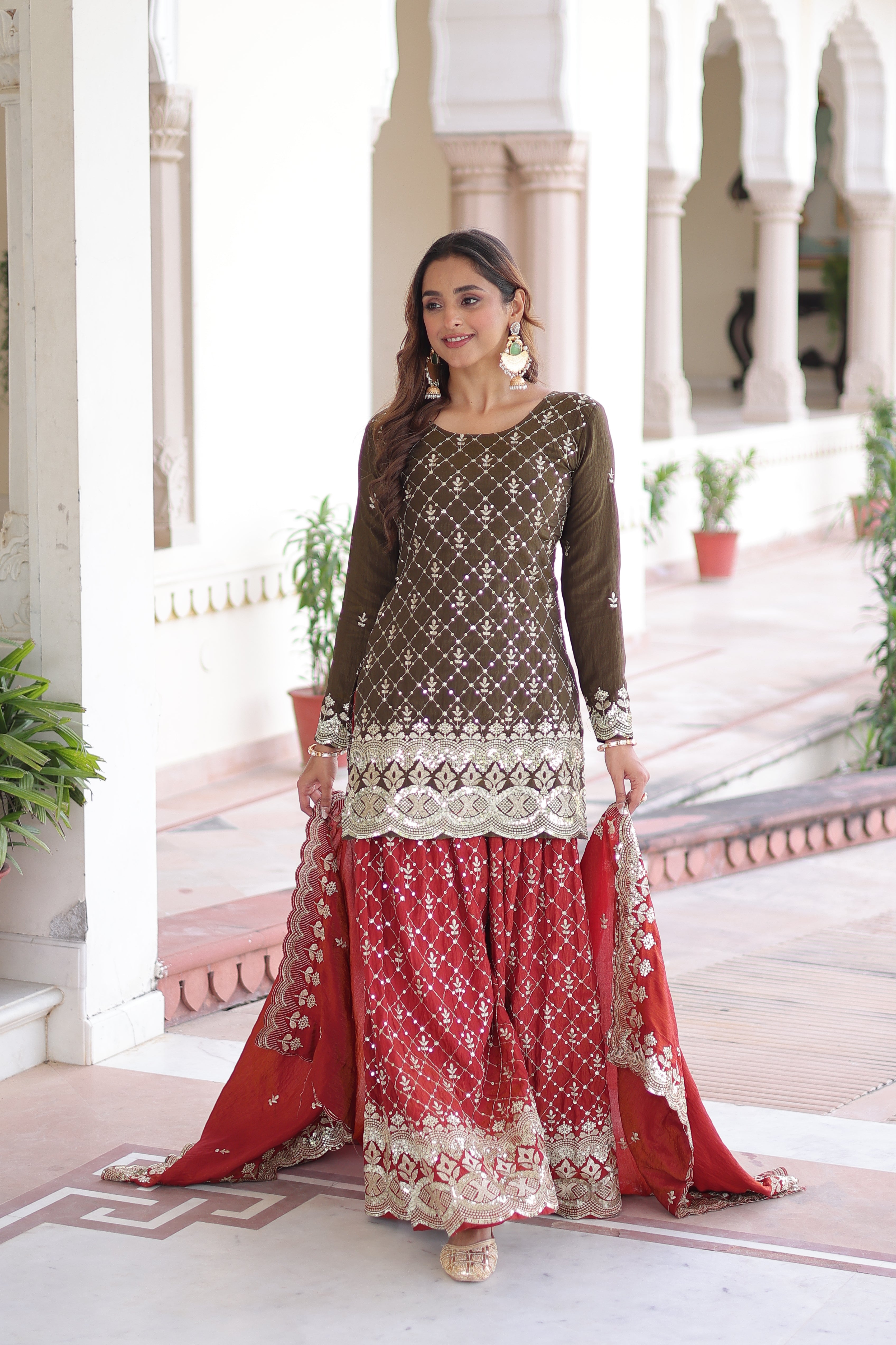 Vireka olive green Vichitra silk kurti sharara set with sequins embroidery