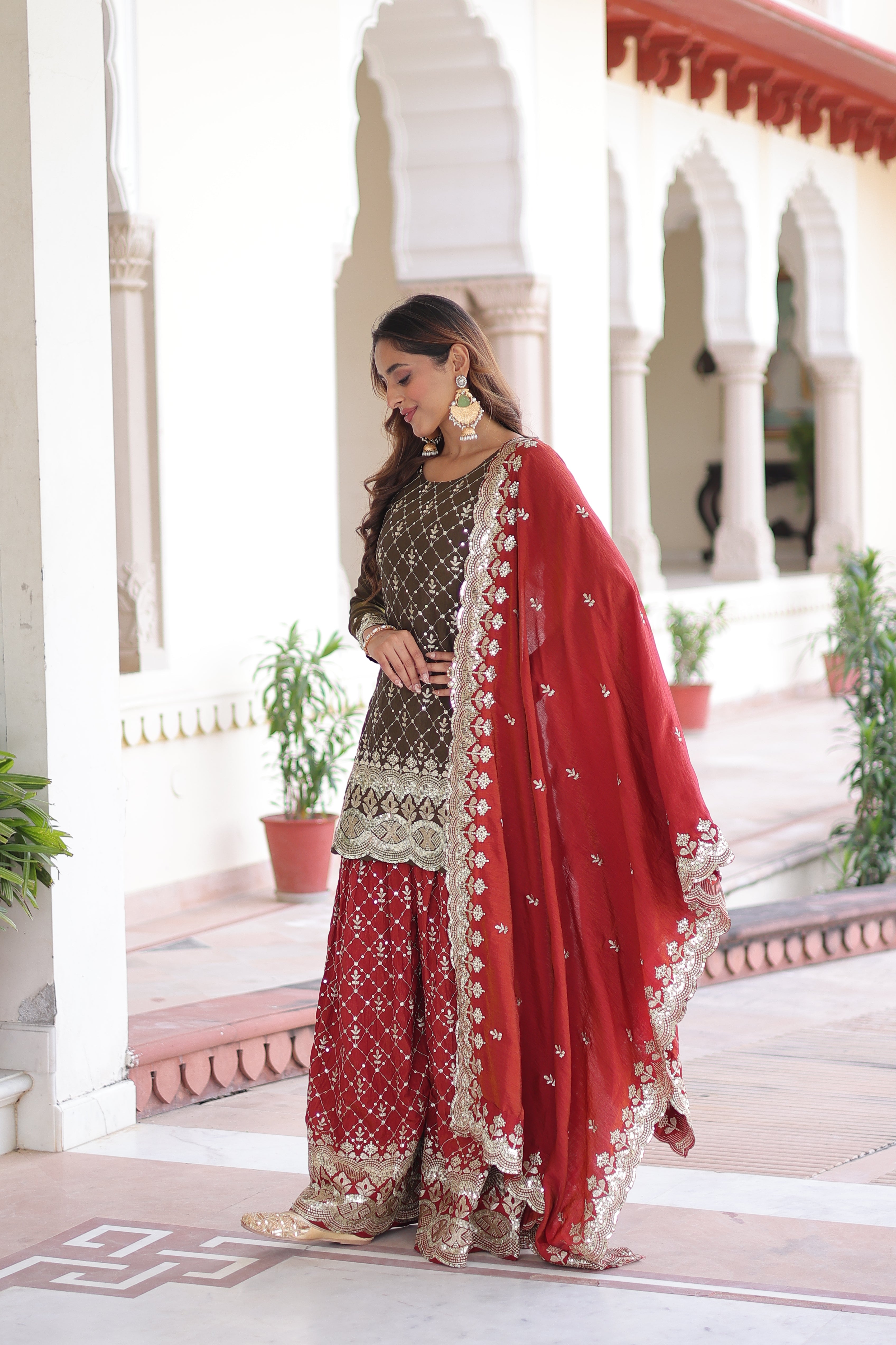 Vireka olive green Vichitra silk kurti sharara set with sequins embroidery