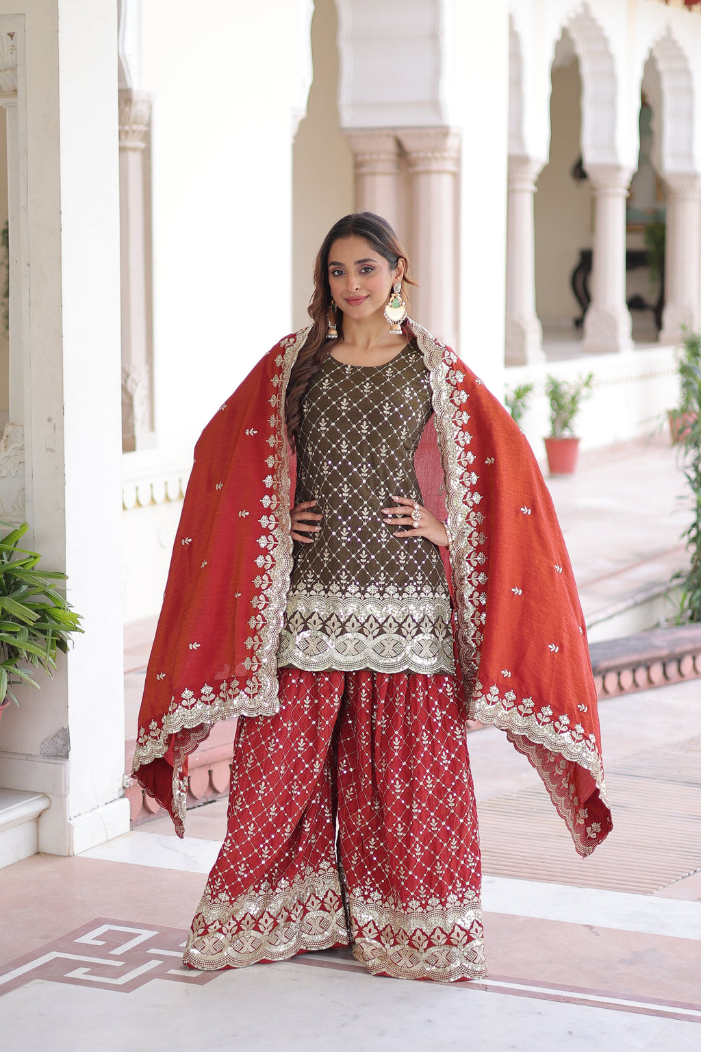 Vireka olive green Vichitra silk kurti sharara set with sequins embroidery