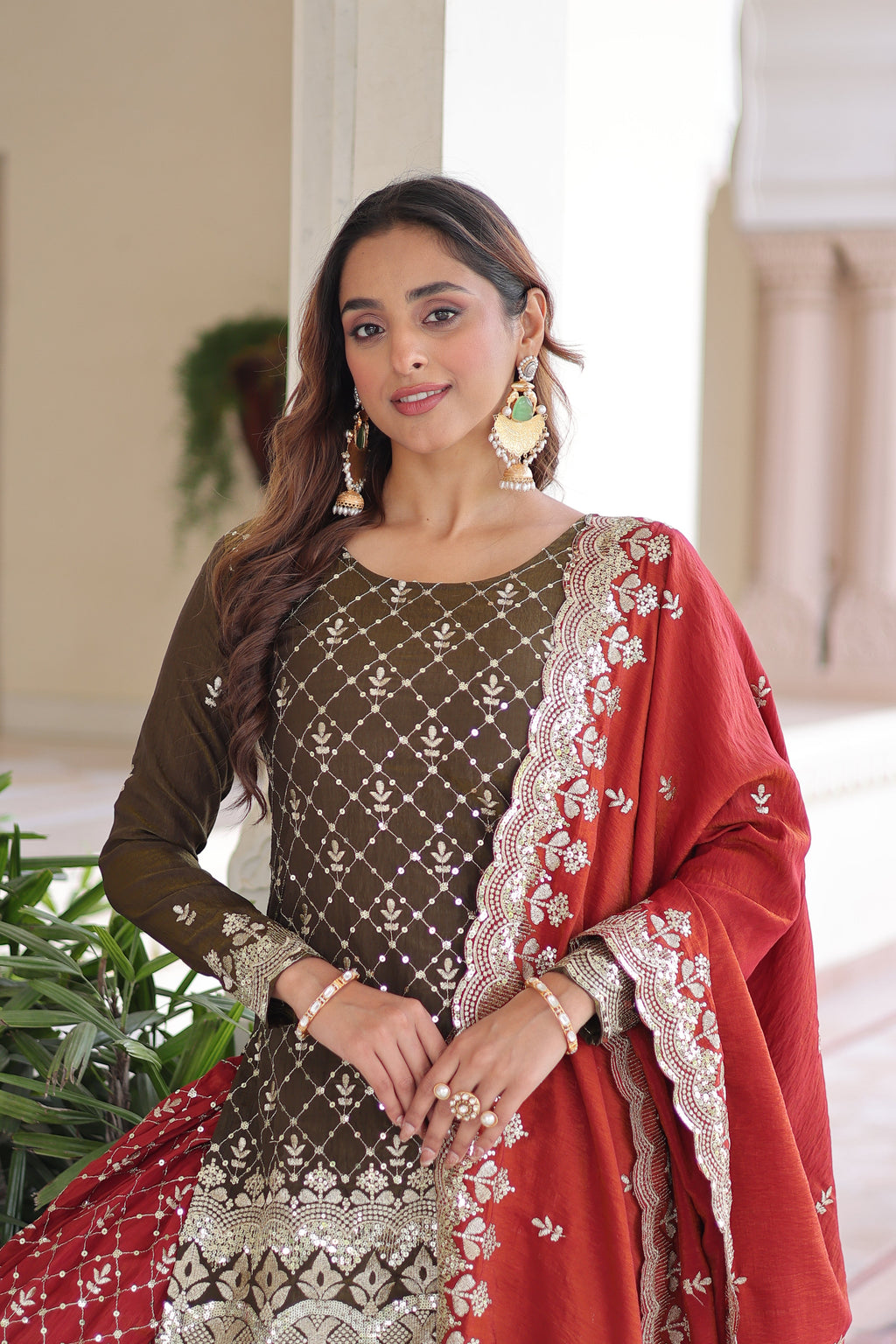 Vireka olive green Vichitra silk kurti sharara set with sequins embroidery