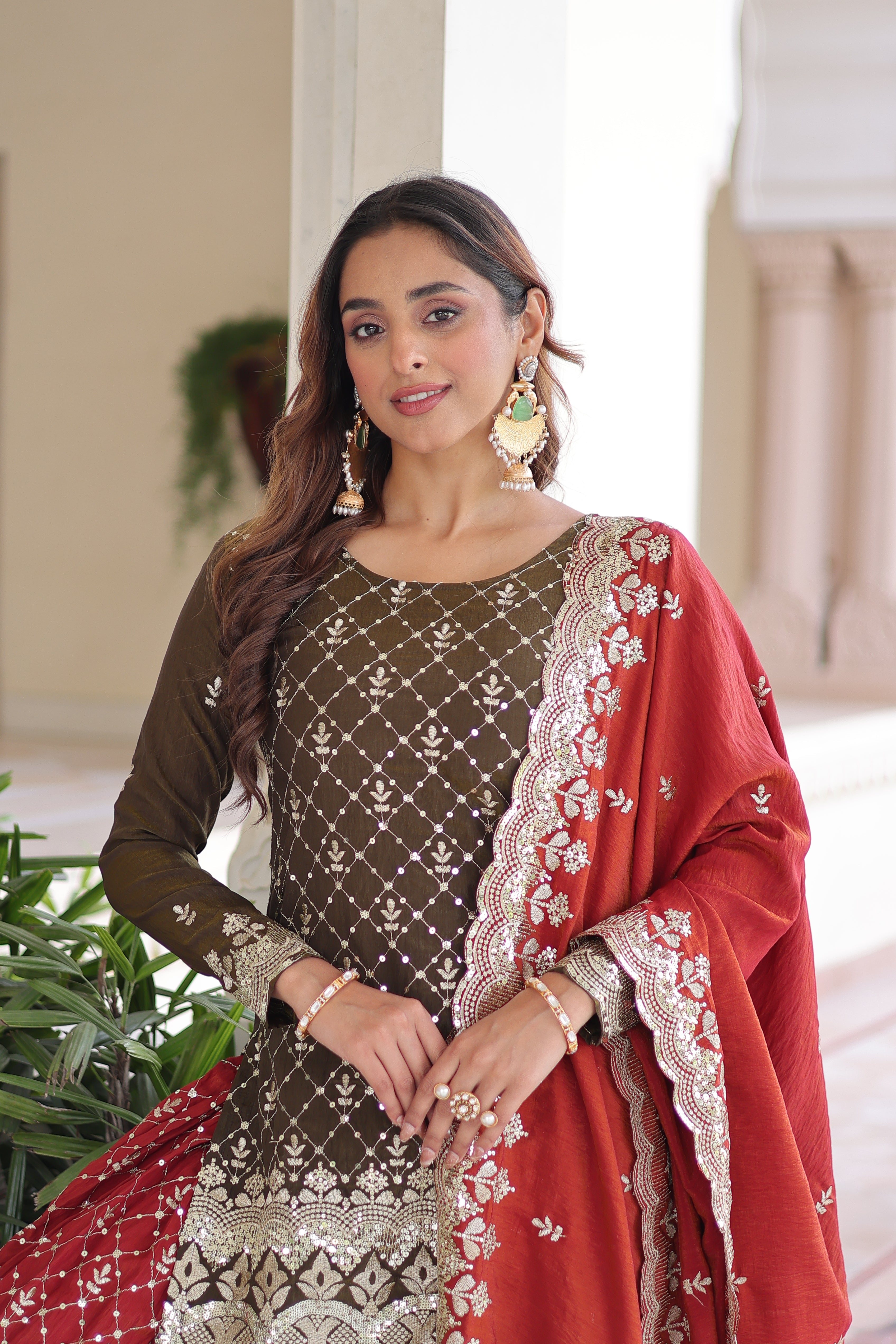 Vireka olive green Vichitra silk kurti sharara set with sequins embroidery