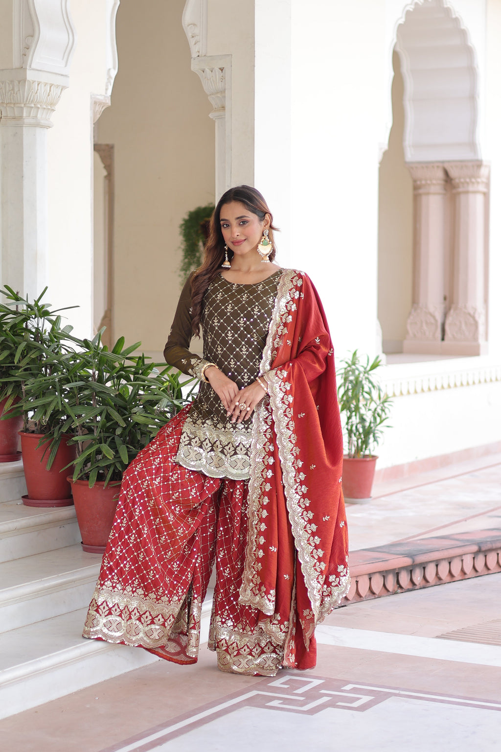 Vireka olive green Vichitra silk kurti sharara set with sequins embroidery