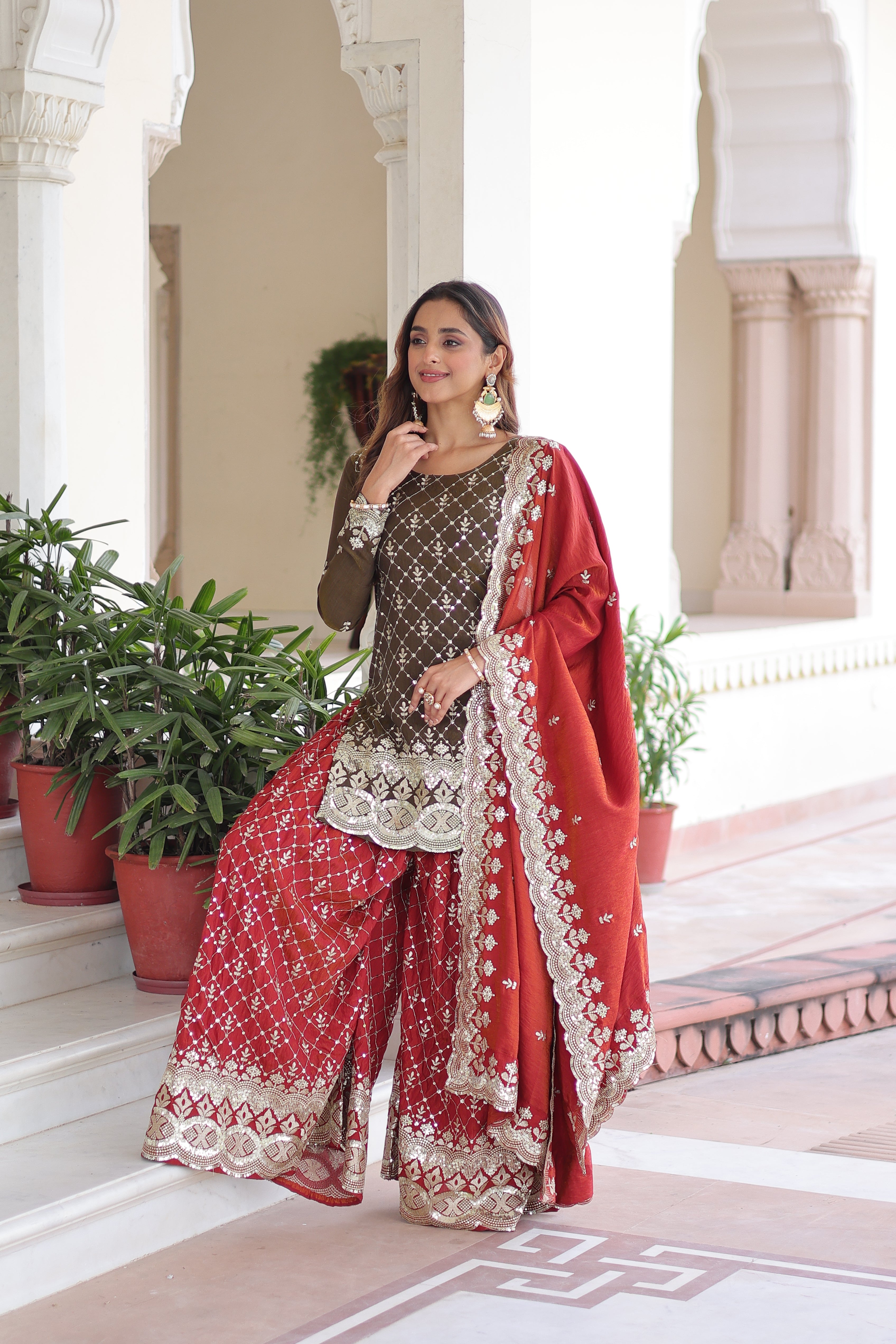 Vireka olive green Vichitra silk kurti sharara set with sequins embroidery
