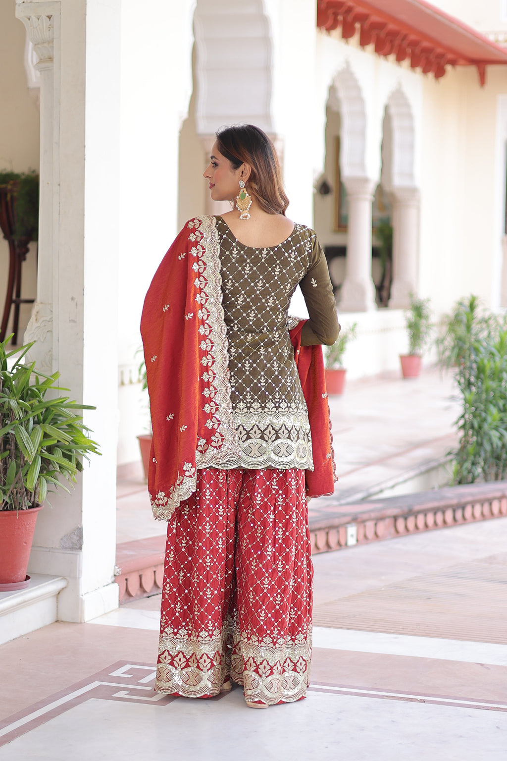 Vireka olive green Vichitra silk kurti sharara set with sequins embroidery