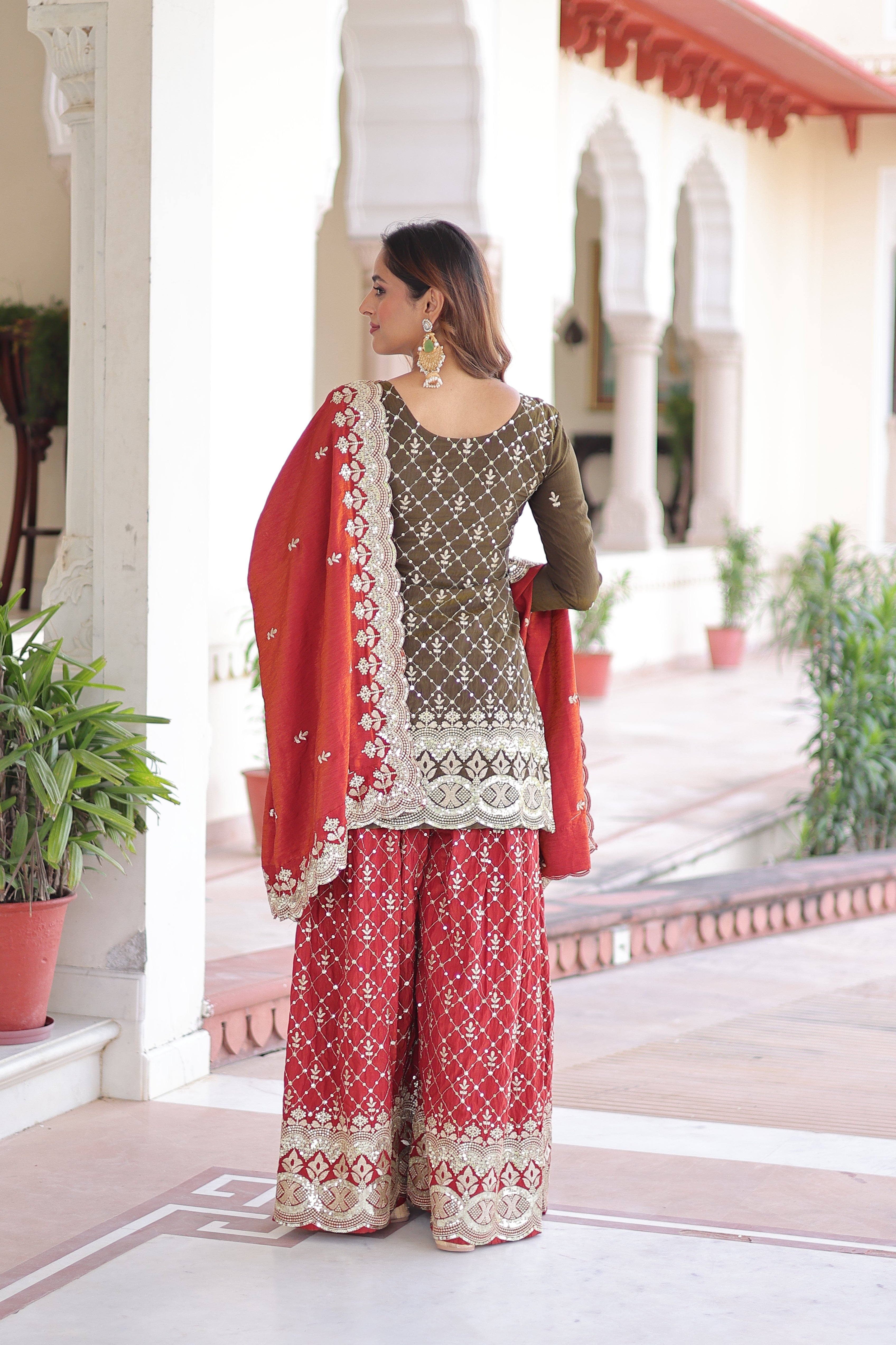 Vireka olive green Vichitra silk kurti sharara set with sequins embroidery