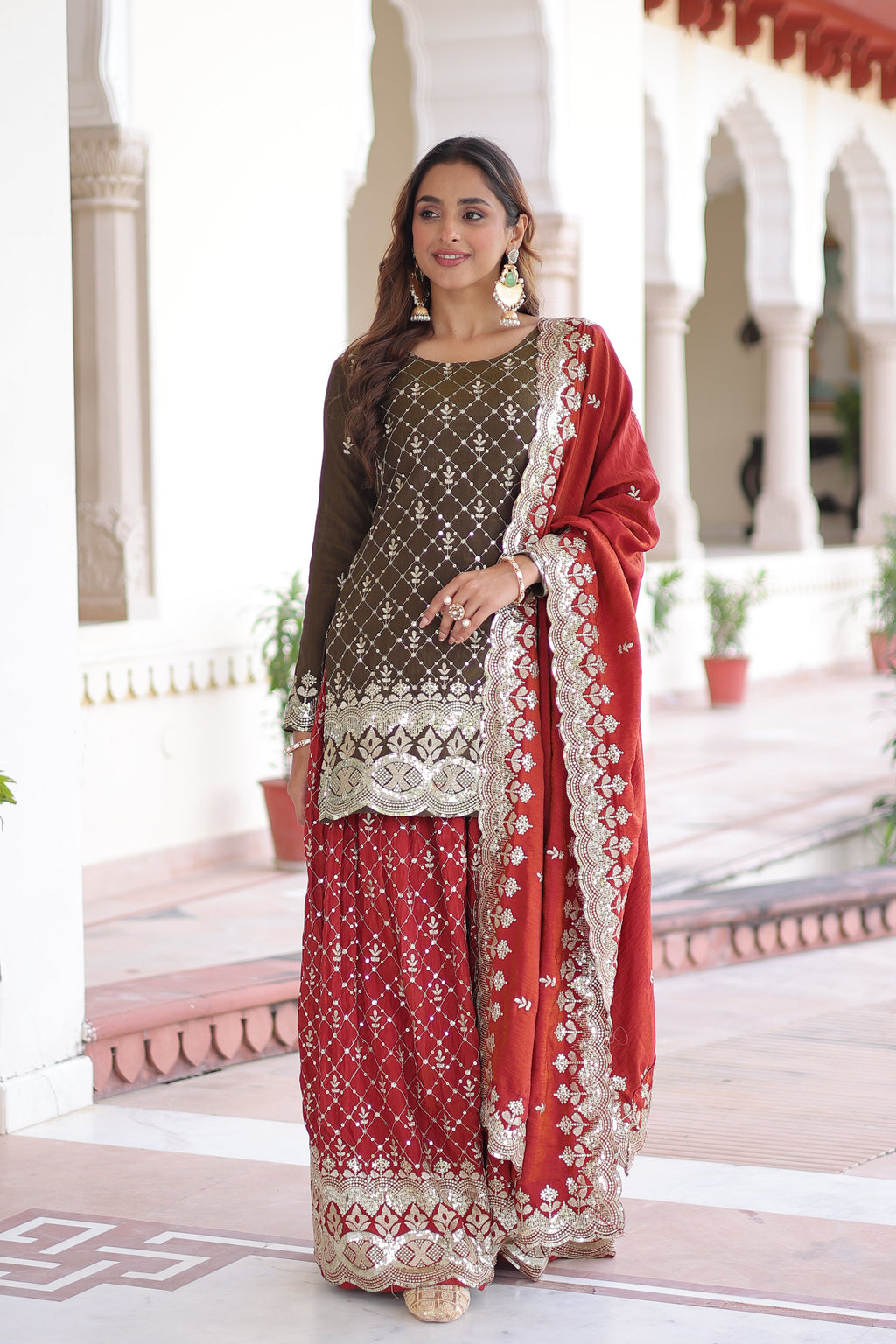 Vireka olive green Vichitra silk kurti sharara set with sequins embroidery
