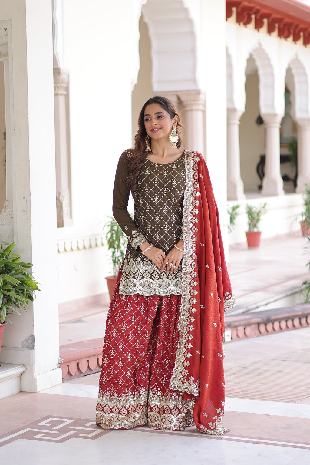 Vireka olive green Vichitra silk kurti sharara set with sequins embroidery