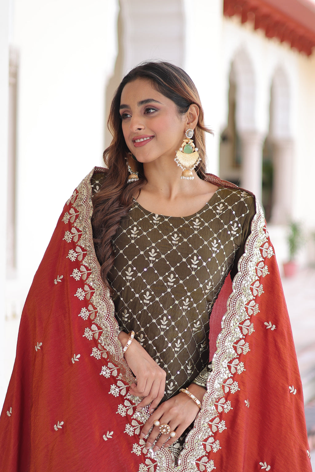 Vireka olive green Vichitra silk kurti sharara set with sequins embroidery