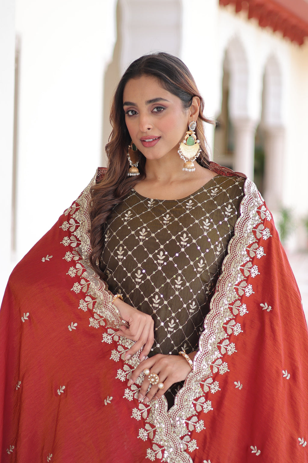 Vireka olive green Vichitra silk kurti sharara set with sequins embroidery