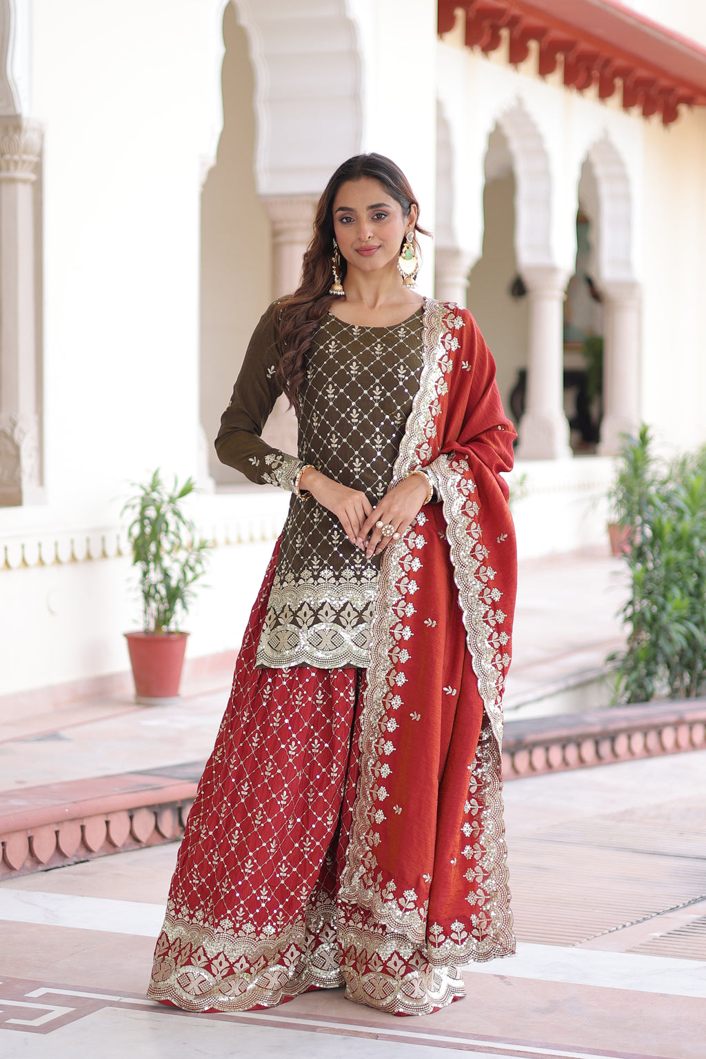 Vireka olive green Vichitra silk kurti sharara set with sequins embroidery