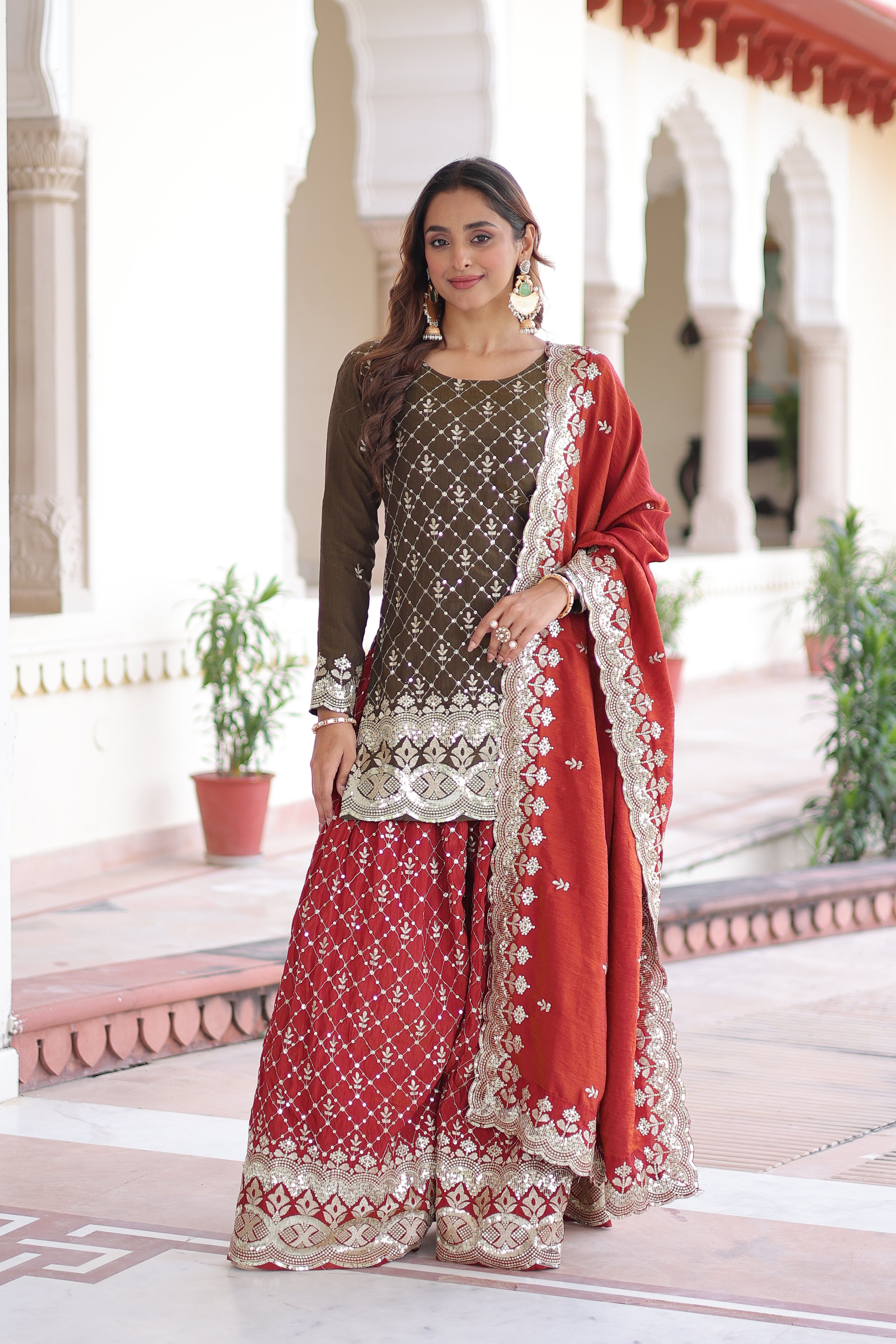 Vireka olive green Vichitra silk kurti sharara set with sequins embroidery