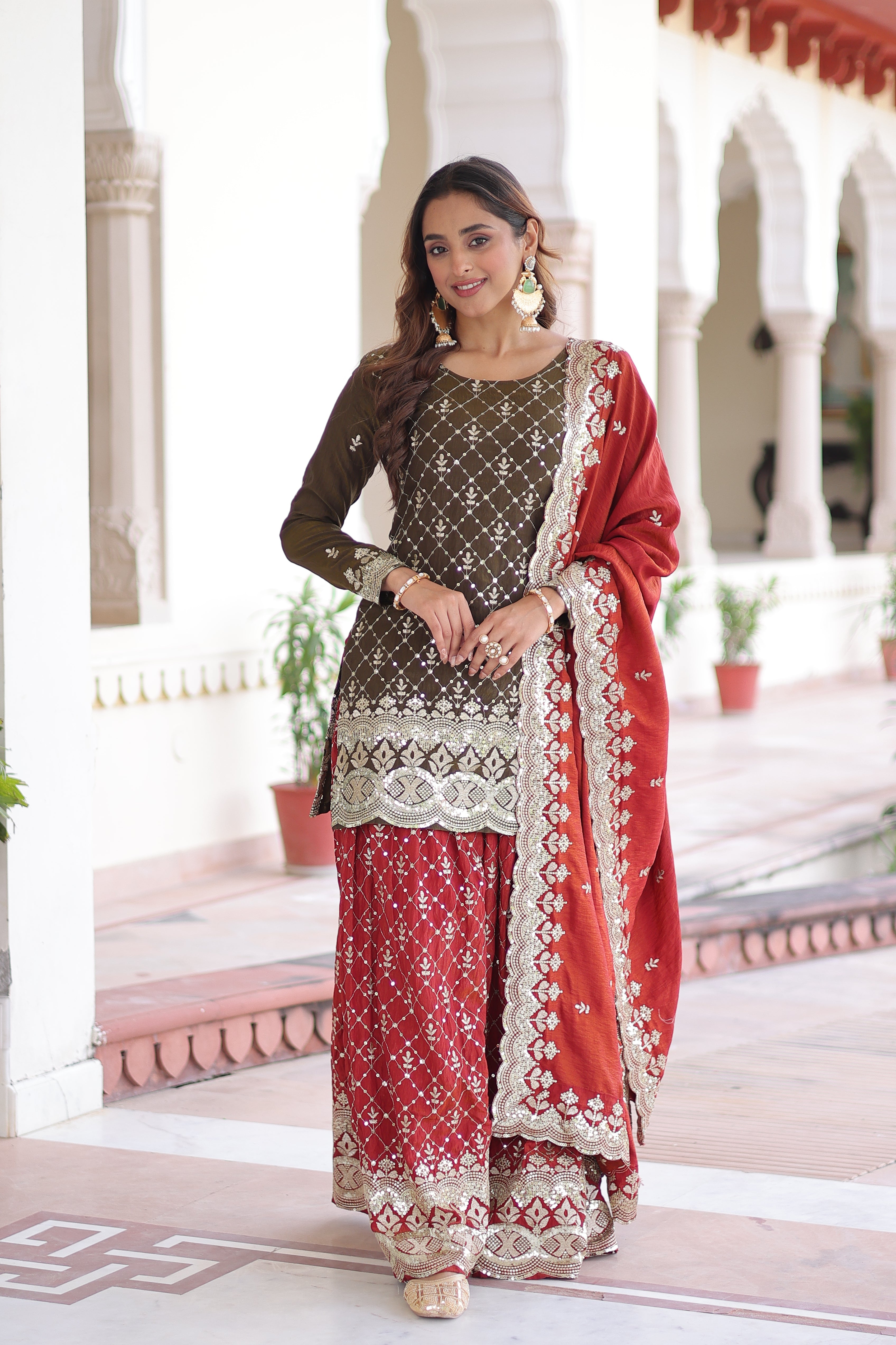 Vireka olive green Vichitra silk kurti sharara set with sequins embroidery