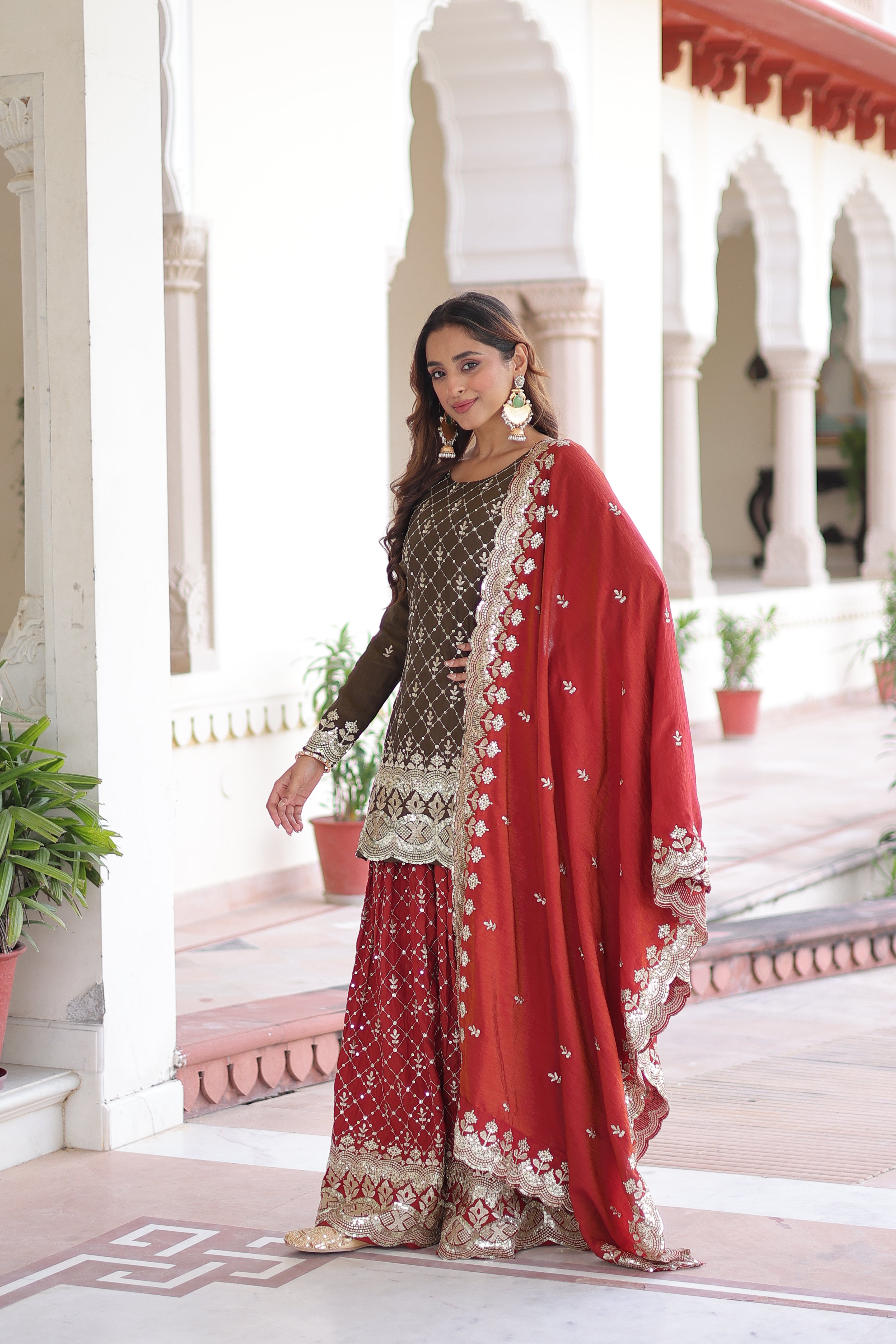 Vireka olive green Vichitra silk kurti sharara set with sequins embroidery