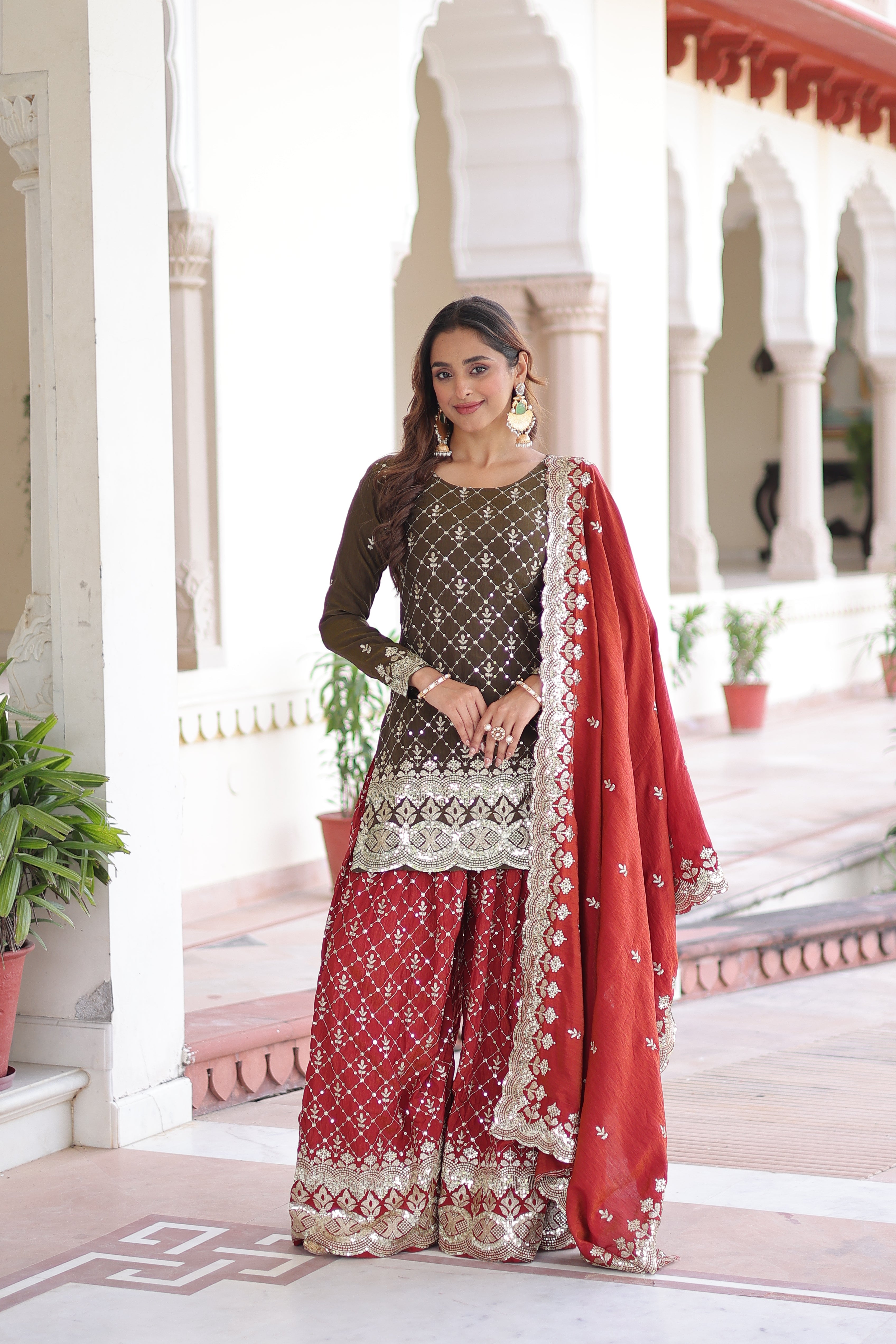 Vireka olive green Vichitra silk kurti sharara set with sequins embroidery