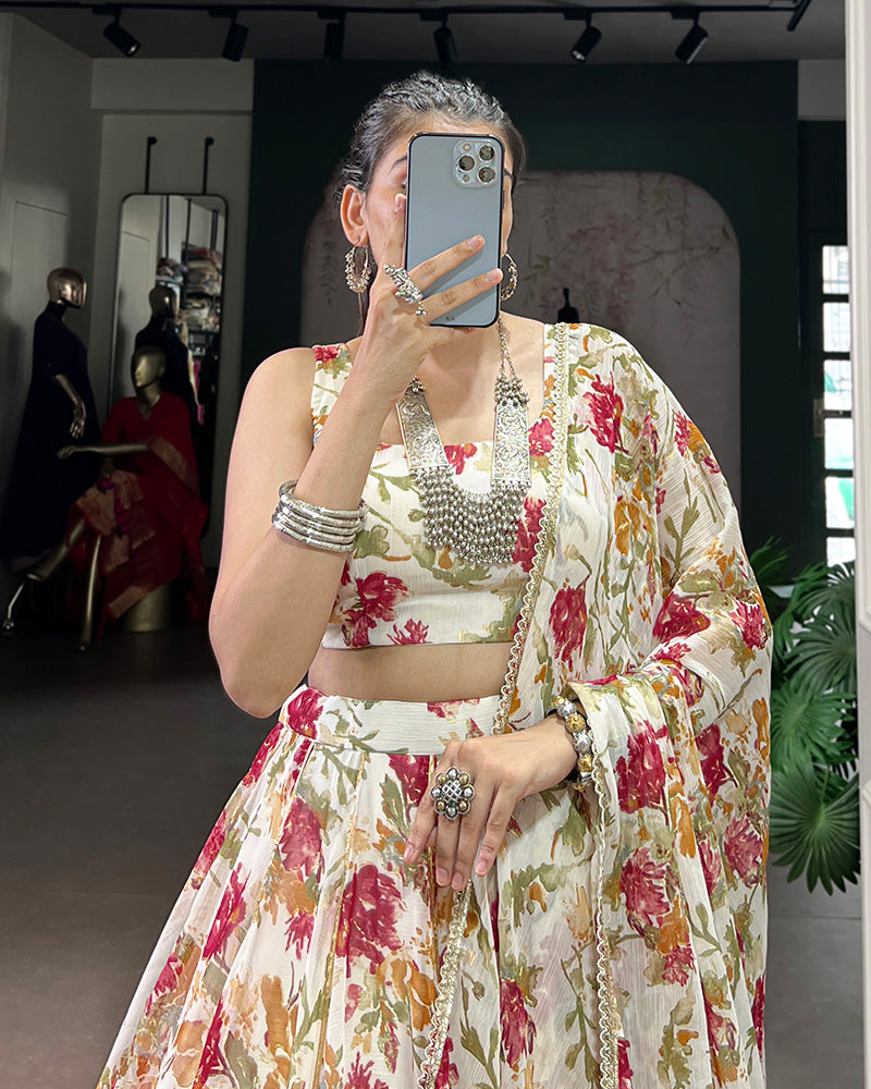 White chiffon lehenga choli with floral print and dupatta
