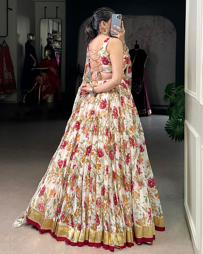 White chiffon lehenga choli with floral print and dupatta