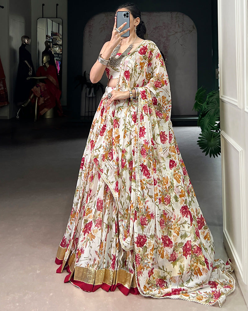 White chiffon lehenga choli with floral print and dupatta
