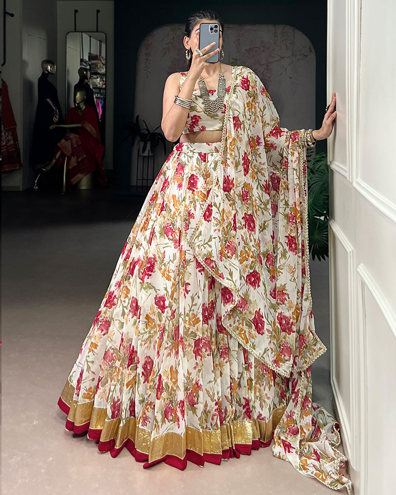 White chiffon lehenga choli with floral print and dupatta