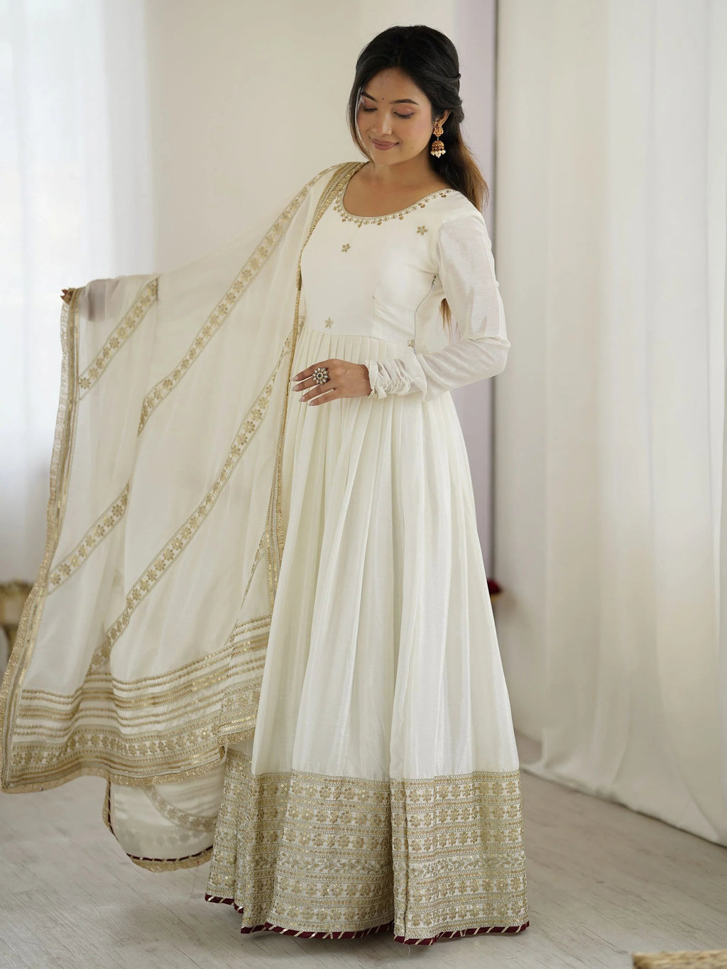White chinon silk embroidered anarkali suit with dupatta
