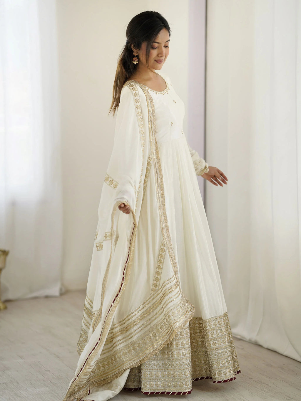 White chinon silk embroidered anarkali suit with dupatta