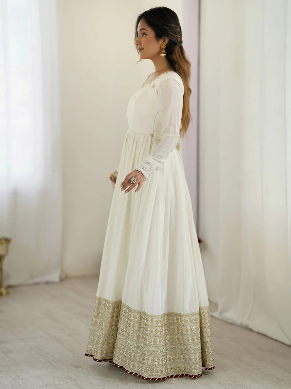 White chinon silk embroidered anarkali suit with dupatta