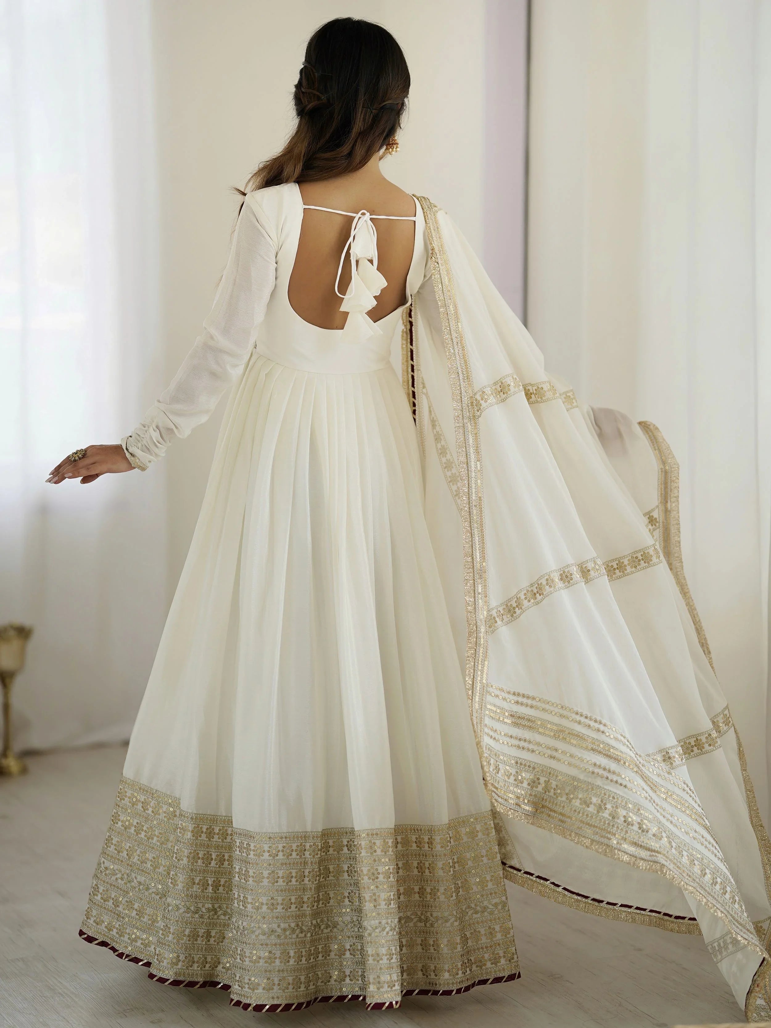 White chinon silk embroidered anarkali suit with dupatta
